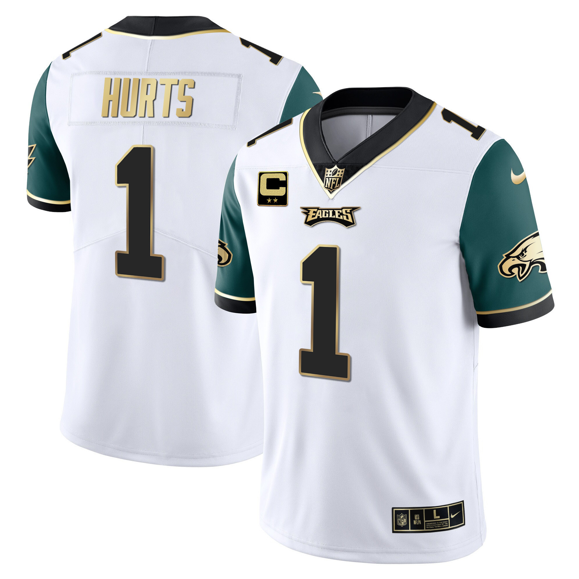 Jalen Hurts Men's Philadelphia Eagles Gold & Split Vapor - All Stitched Midnight Green Sleeves Jersey - All Stitched