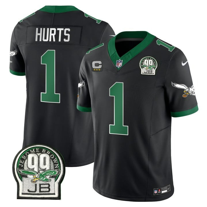 Jalen Hurts Men's Philadelphia Eagles Jerome Brown Patch Kelly Green Alternate Black Jersey - All Stitched