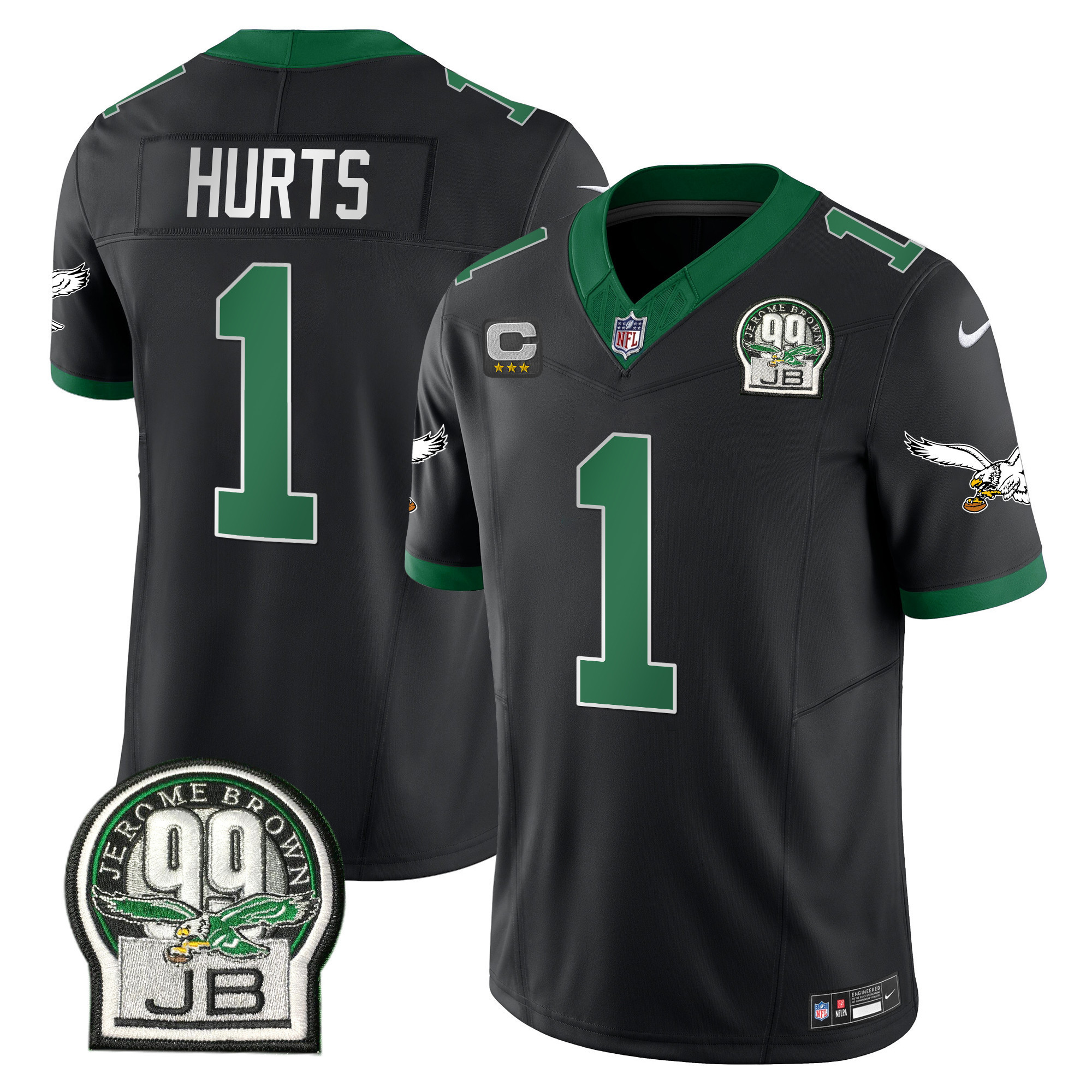 Jalen Hurts Men's Philadelphia Eagles Jerome Brown Patch Kelly Green Alternate Black Jersey - All Stitched