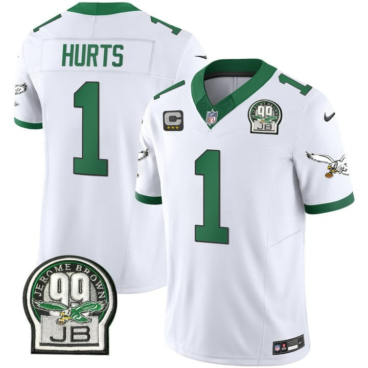 Jalen Hurts Men's Philadelphia Eagles Jerome Brown Patch Kelly Green Alternate Kelly White Jersey - All Stitched