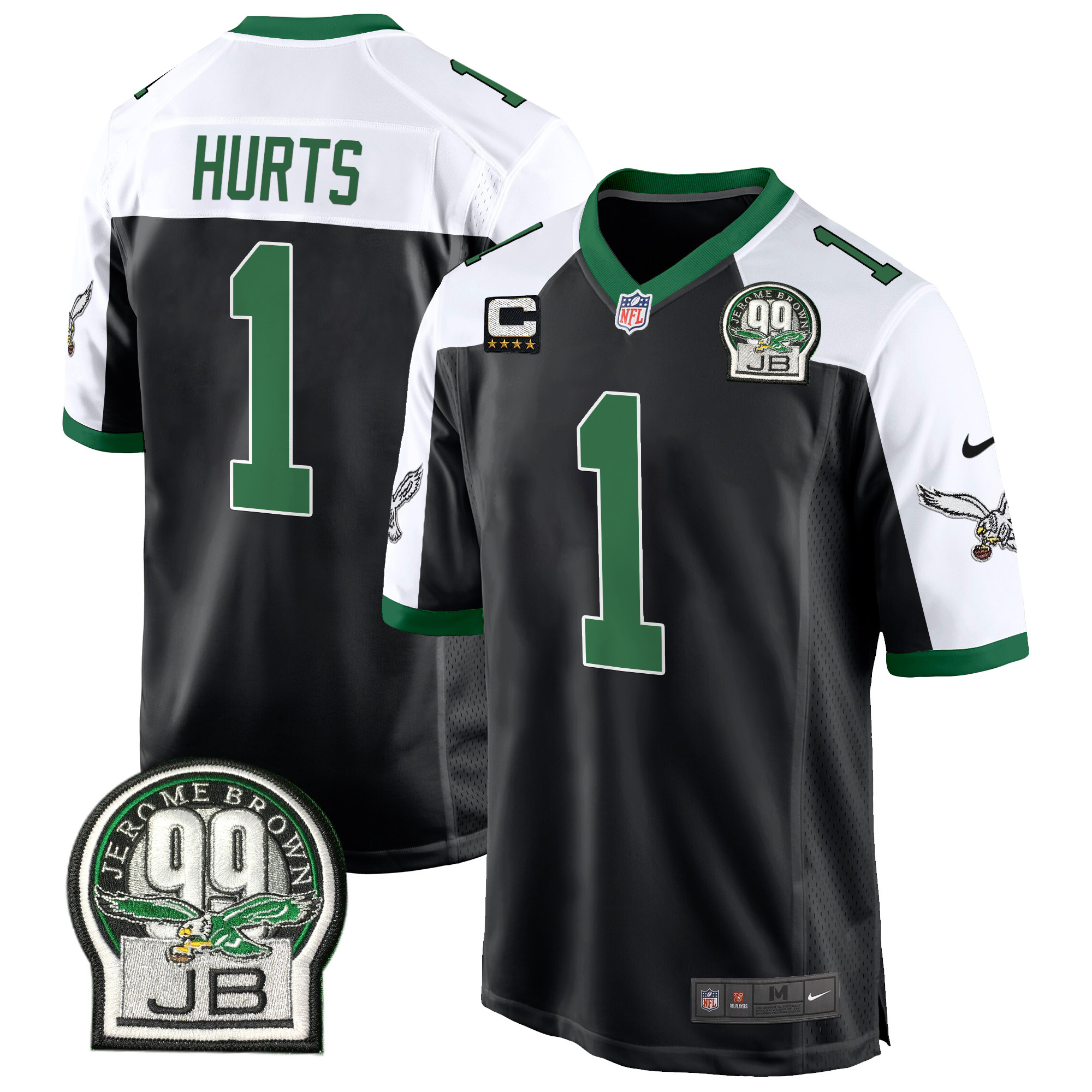 Jalen Hurts Men's Philadelphia Eagles Jerome Brown Patch Kelly Green Game Black Alternate Jersey - All Stitched