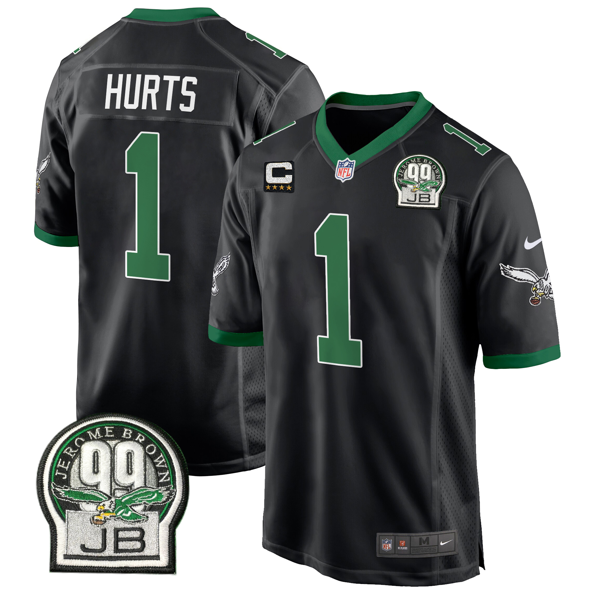 Jalen Hurts Men's Philadelphia Eagles Jerome Brown Patch Kelly Green Game Black Jersey - All Stitched