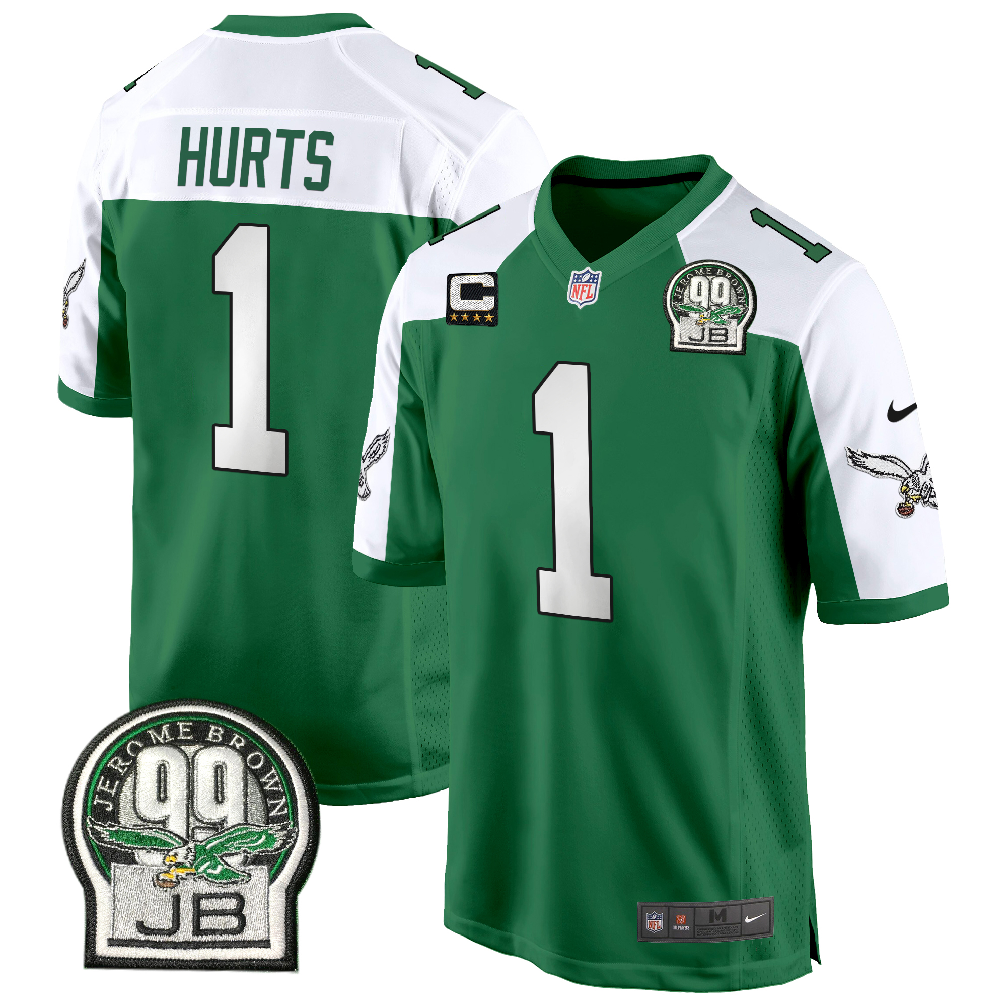Jalen Hurts Men's Philadelphia Eagles Jerome Brown Patch Kelly Green Game Kelly Alternate Jersey - All Stitched