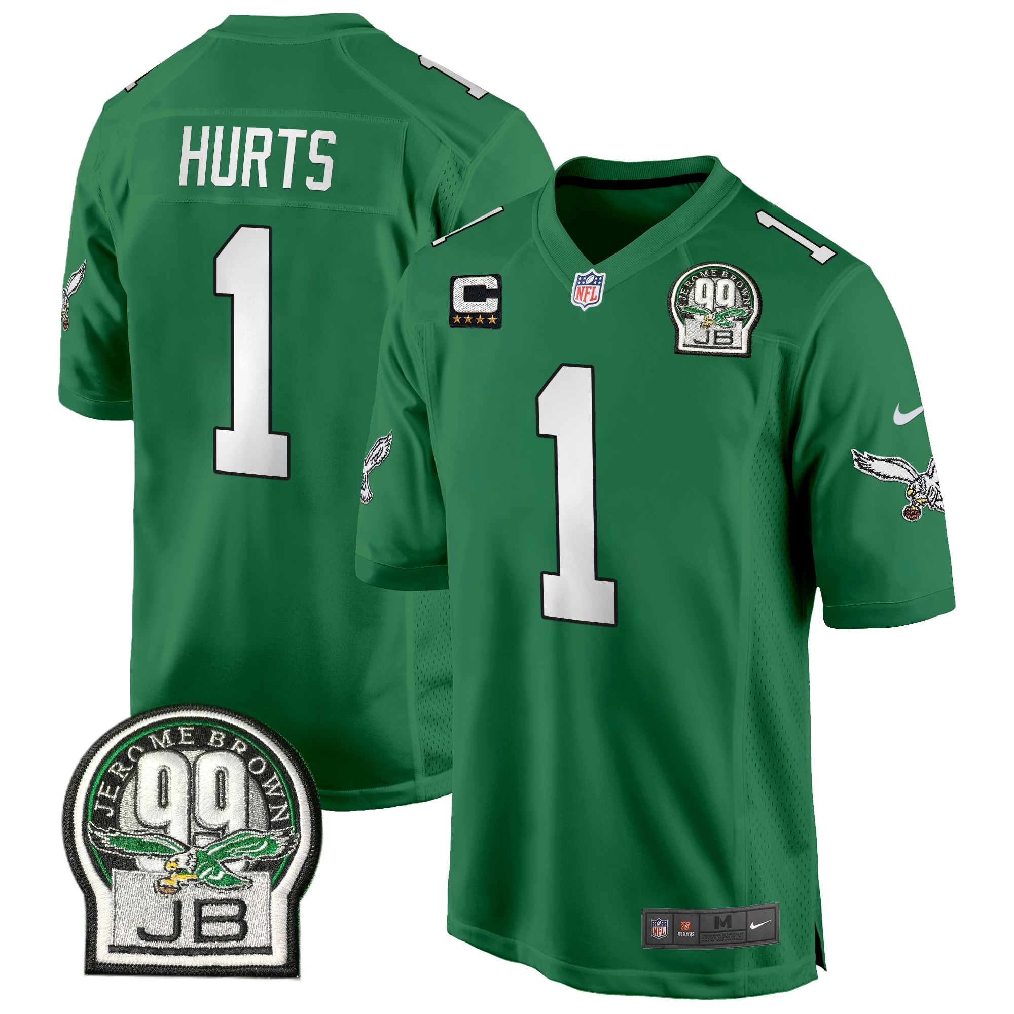 Jalen Hurts Men's Philadelphia Eagles Jerome Brown Patch Kelly Green Game Kelly Green Jersey - All Stitched