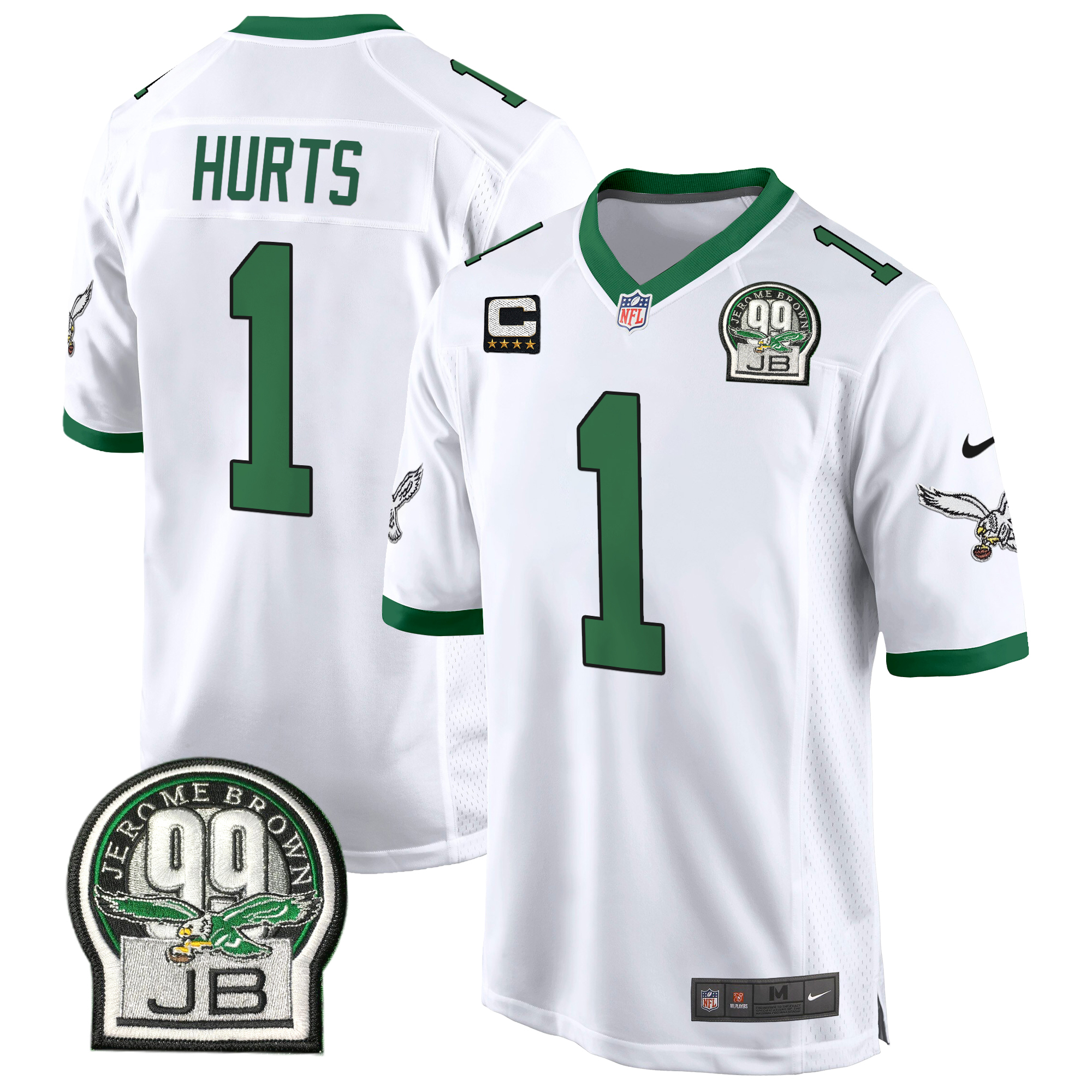 Jalen Hurts Men's Philadelphia Eagles Jerome Brown Patch Kelly Green Game Kelly White Jersey - All Stitched
