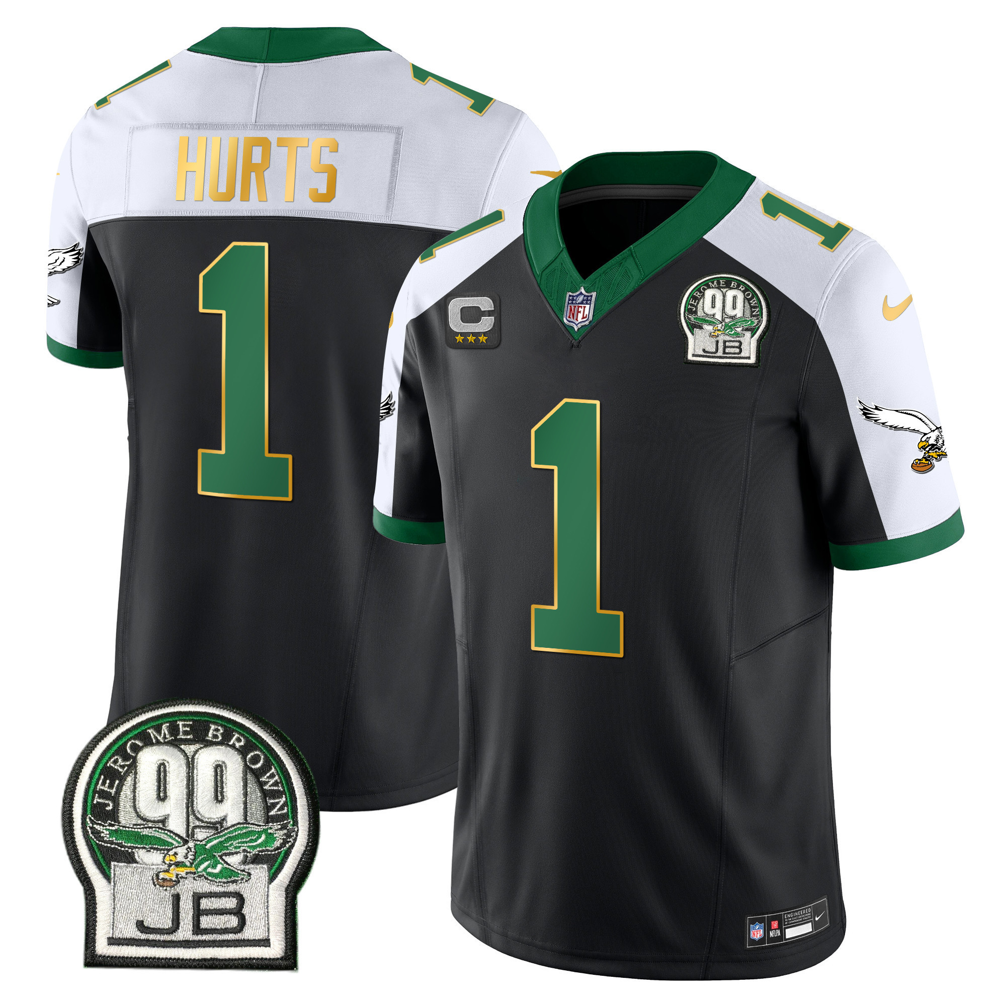 Jalen Hurts Men's Philadelphia Eagles Jerome Brown Patch Kelly Green Gold Trim Black Alternate Jersey - All Stitched