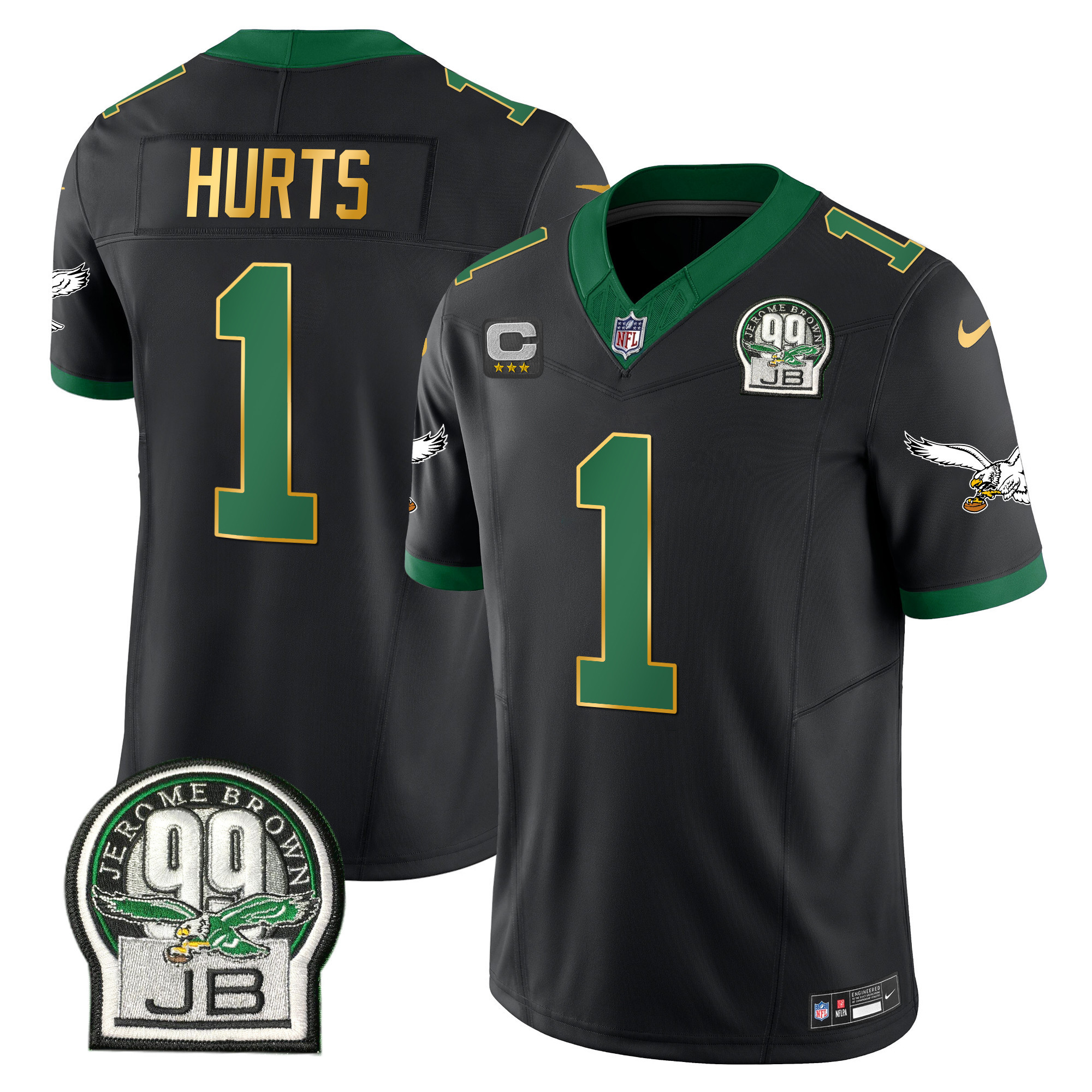Jalen Hurts Men's Philadelphia Eagles Jerome Brown Patch Kelly Green Gold Trim Black Jersey - All Stitched