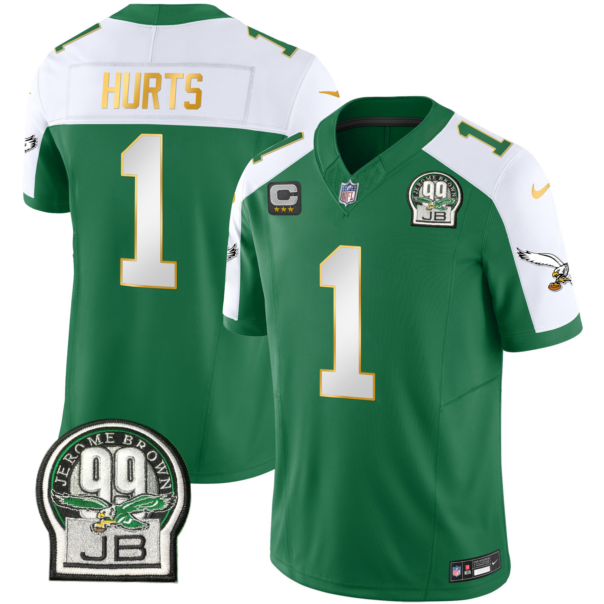 Jalen Hurts Men's Philadelphia Eagles Jerome Brown Patch Kelly Green Gold Trim Kelly Alternate Jersey - All Stitched