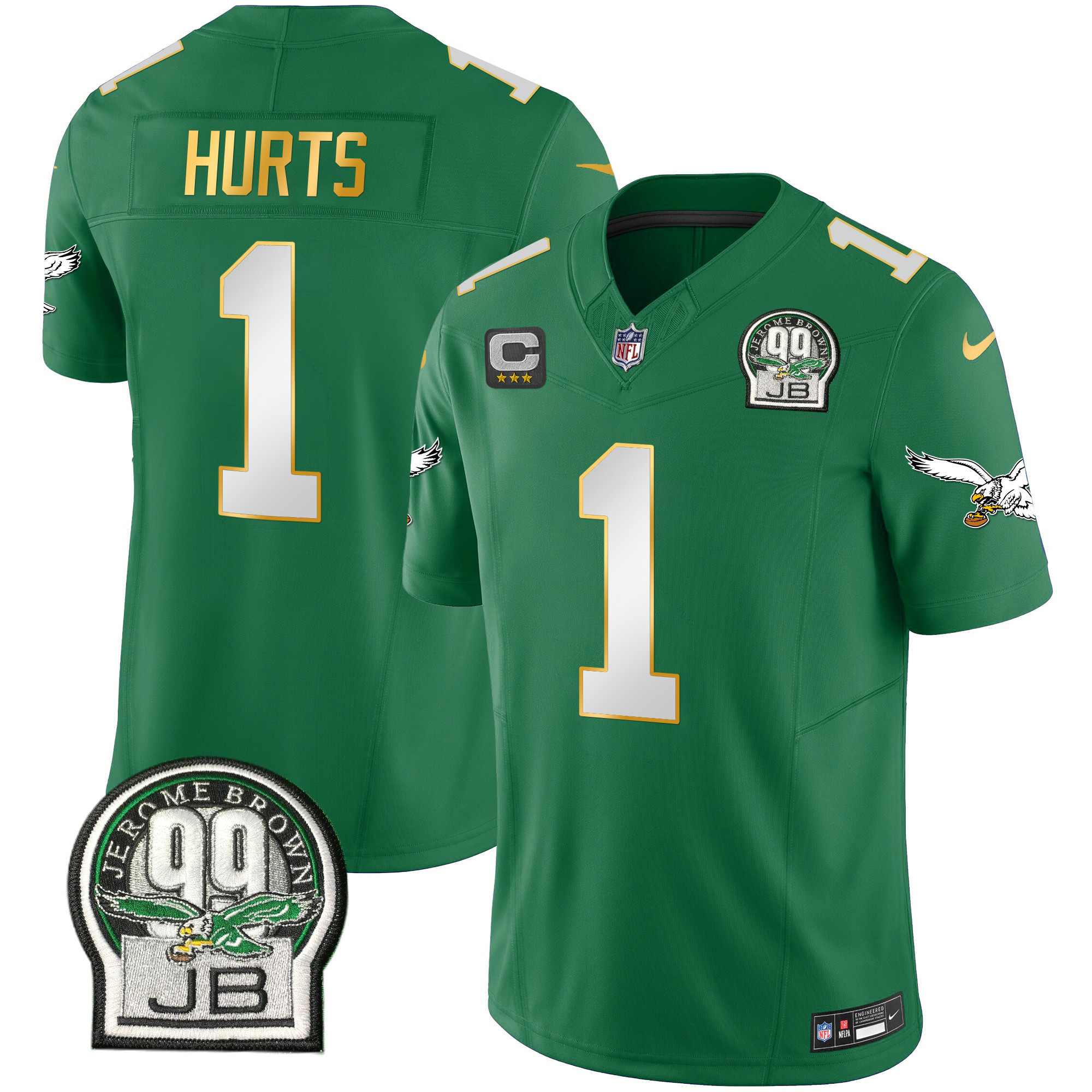Jalen Hurts Men's Philadelphia Eagles Jerome Brown Patch Kelly Green Gold Trim Kelly Green Jersey - All Stitched