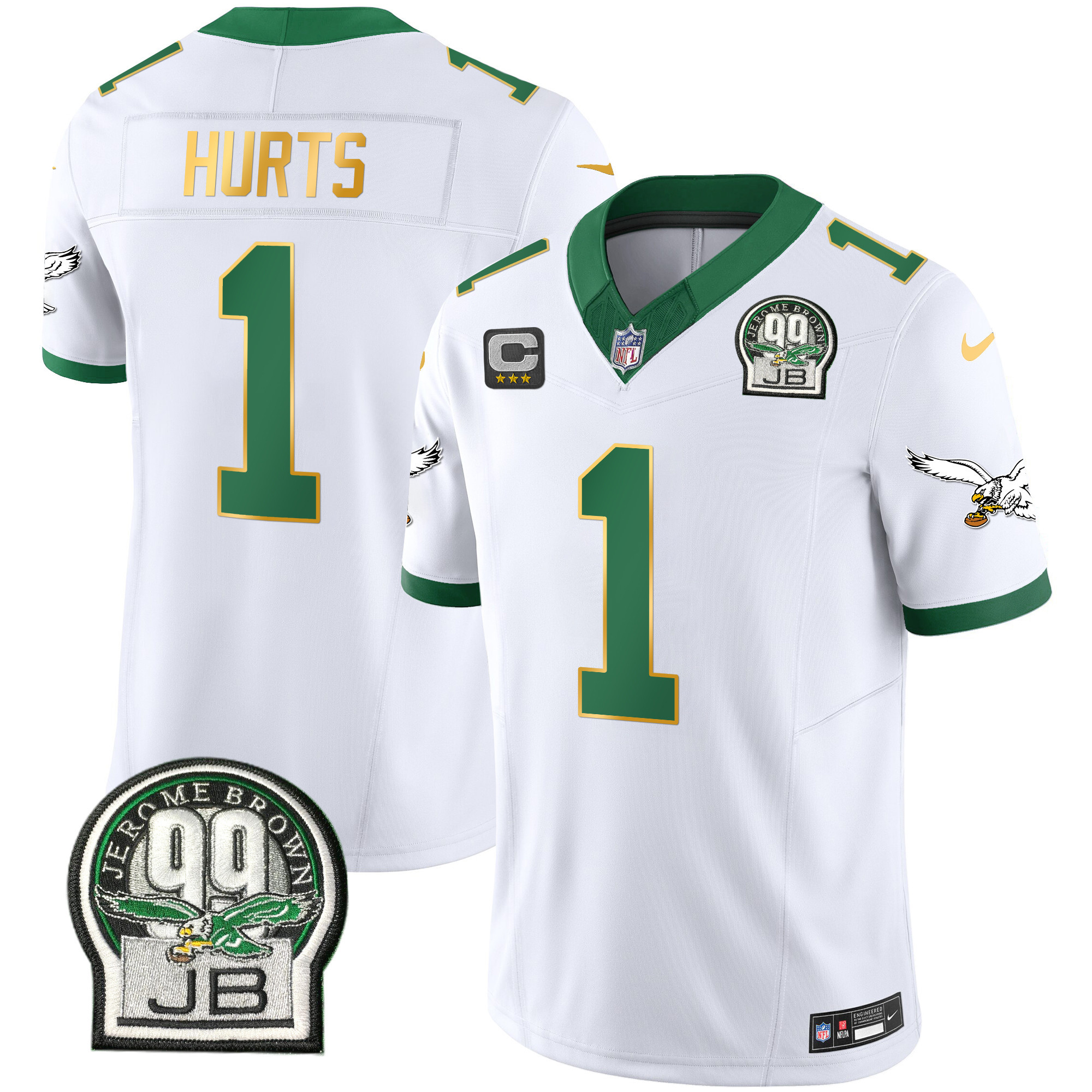 Jalen Hurts Men's Philadelphia Eagles Jerome Brown Patch Kelly Green Gold Trim Kelly White Jersey - All Stitched
