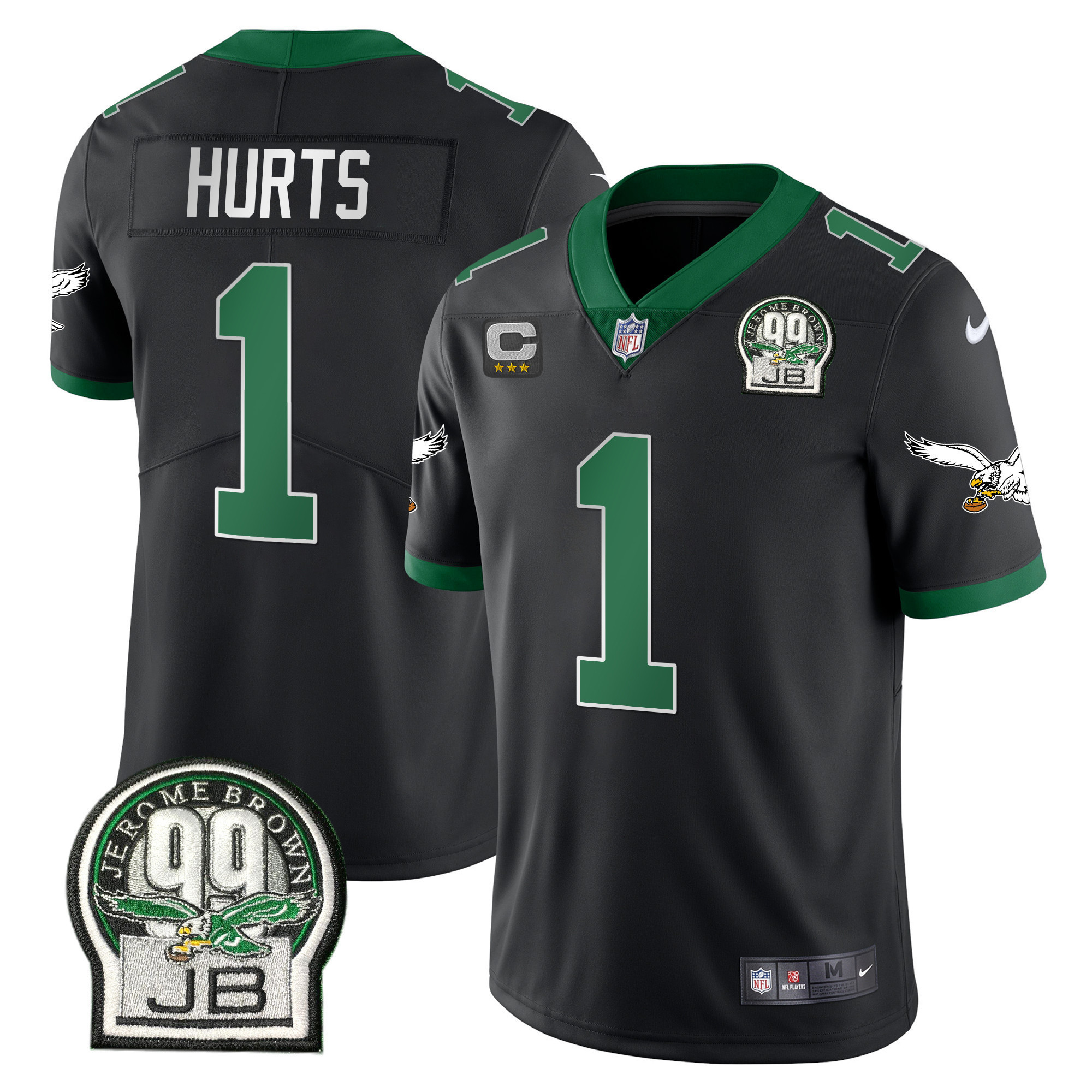 Jalen Hurts Men's Philadelphia Eagles Jerome Brown Retired Patch Gold & Kelly Kelly Black Jersey - All Stitched