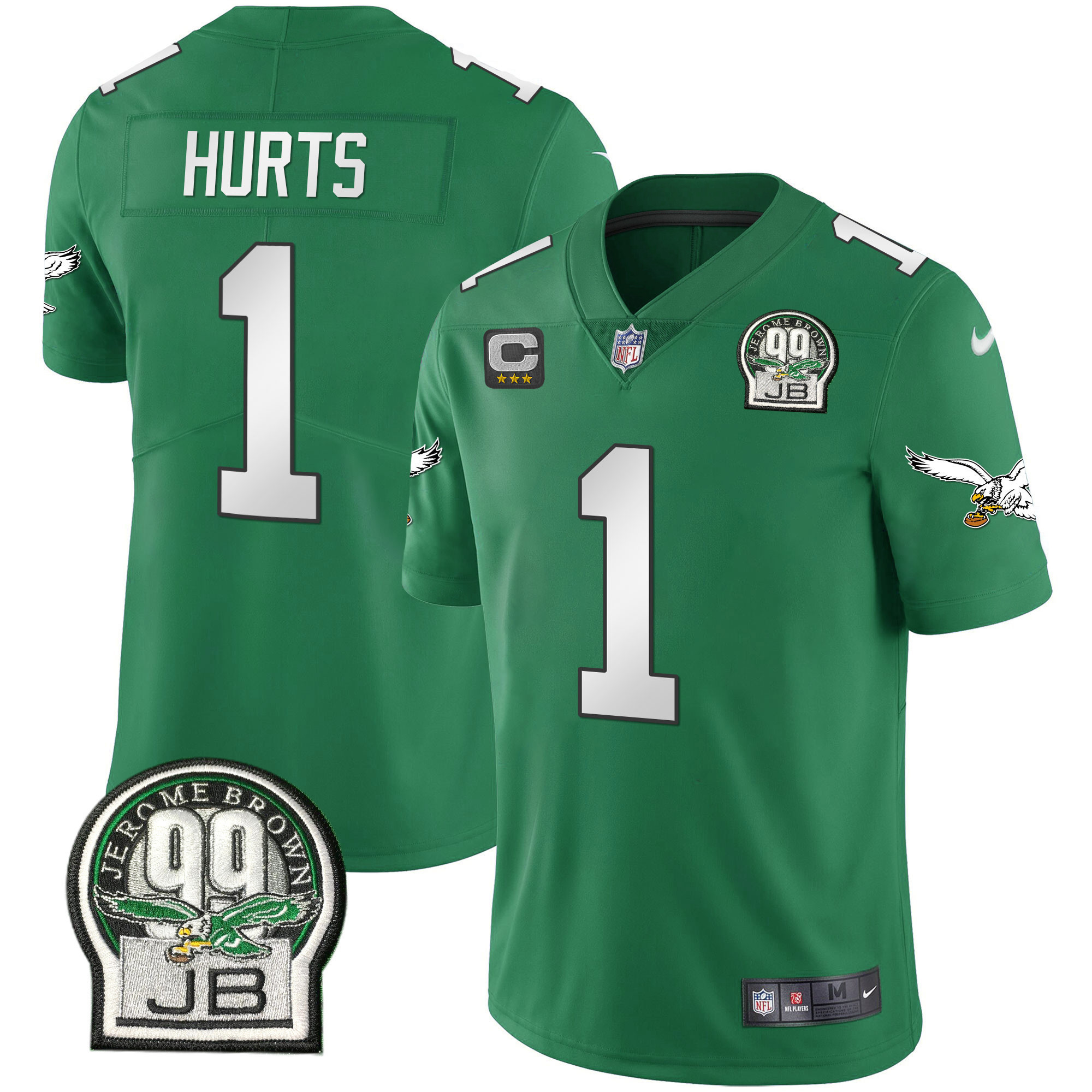 Jalen Hurts Men's Philadelphia Eagles Jerome Brown Retired Patch Gold & Kelly Kelly Green Jersey - All Stitched