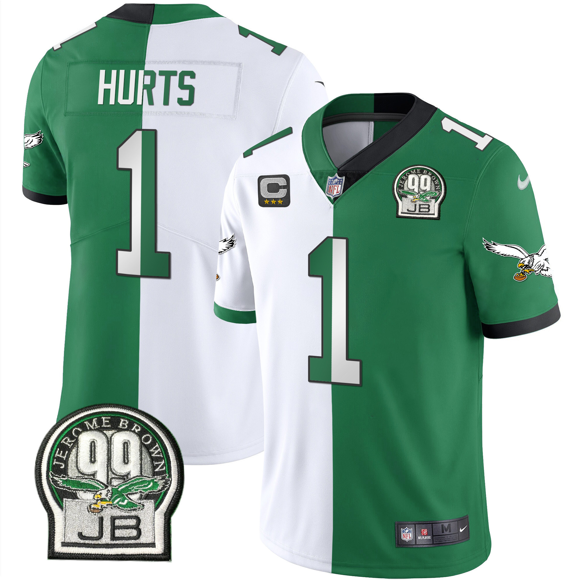 Jalen Hurts Men's Philadelphia Eagles Jerome Brown Retired Patch Gold & Kelly Split Jersey - All Stitched