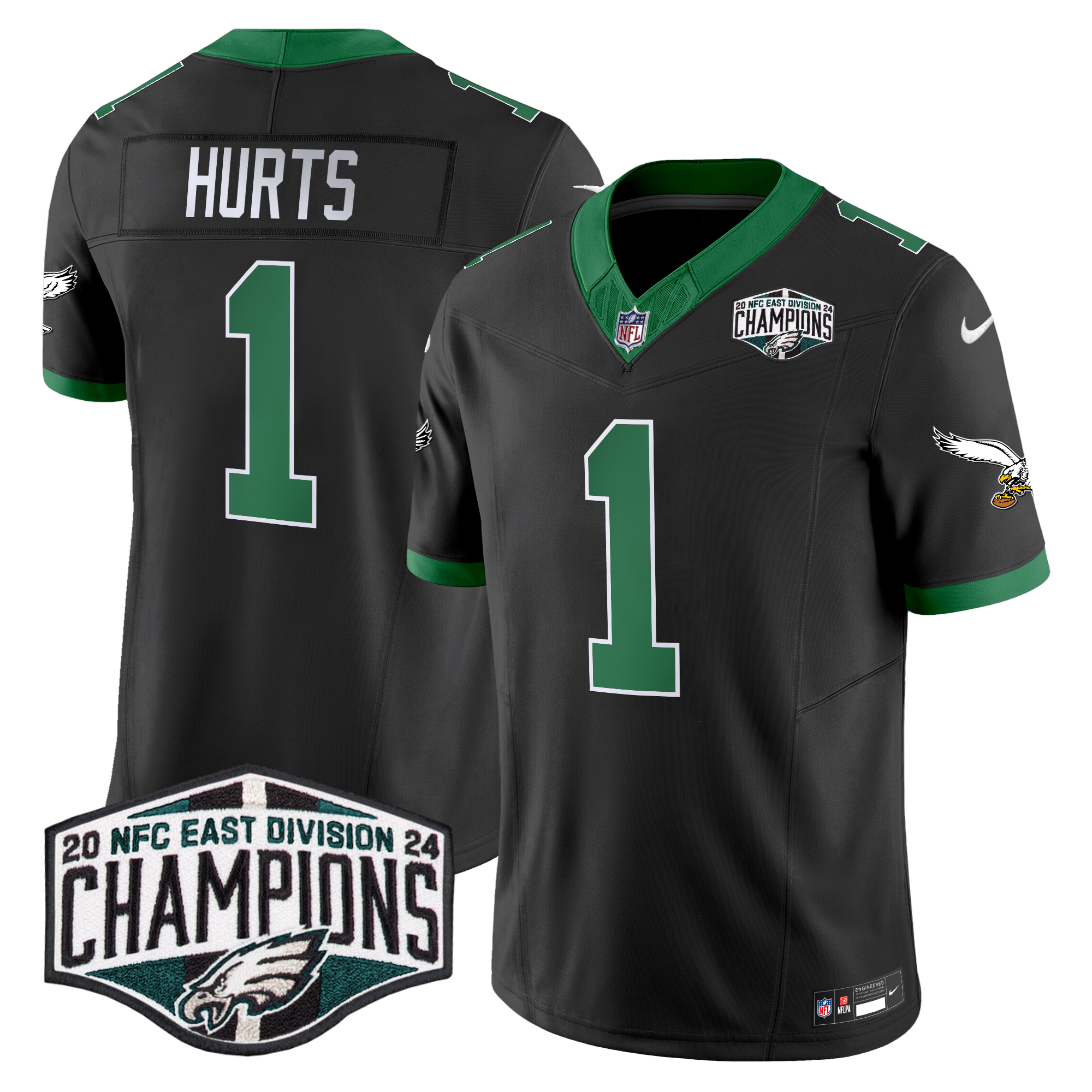 Jalen Hurts Men's Philadelphia Eagles Kelly Green 2024 NFC East Division Champions Vapor Limited Black Jersey - All Stitched