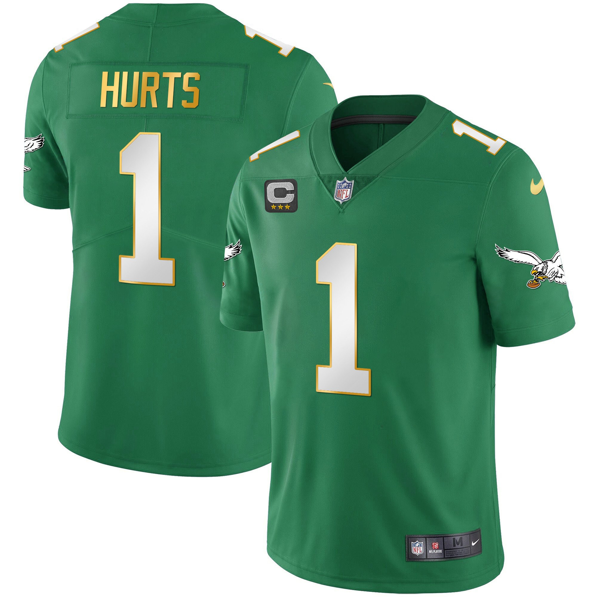Jalen Hurts Men's Philadelphia Eagles Kelly Green Gold Gold Trim Jersey - All Stitched