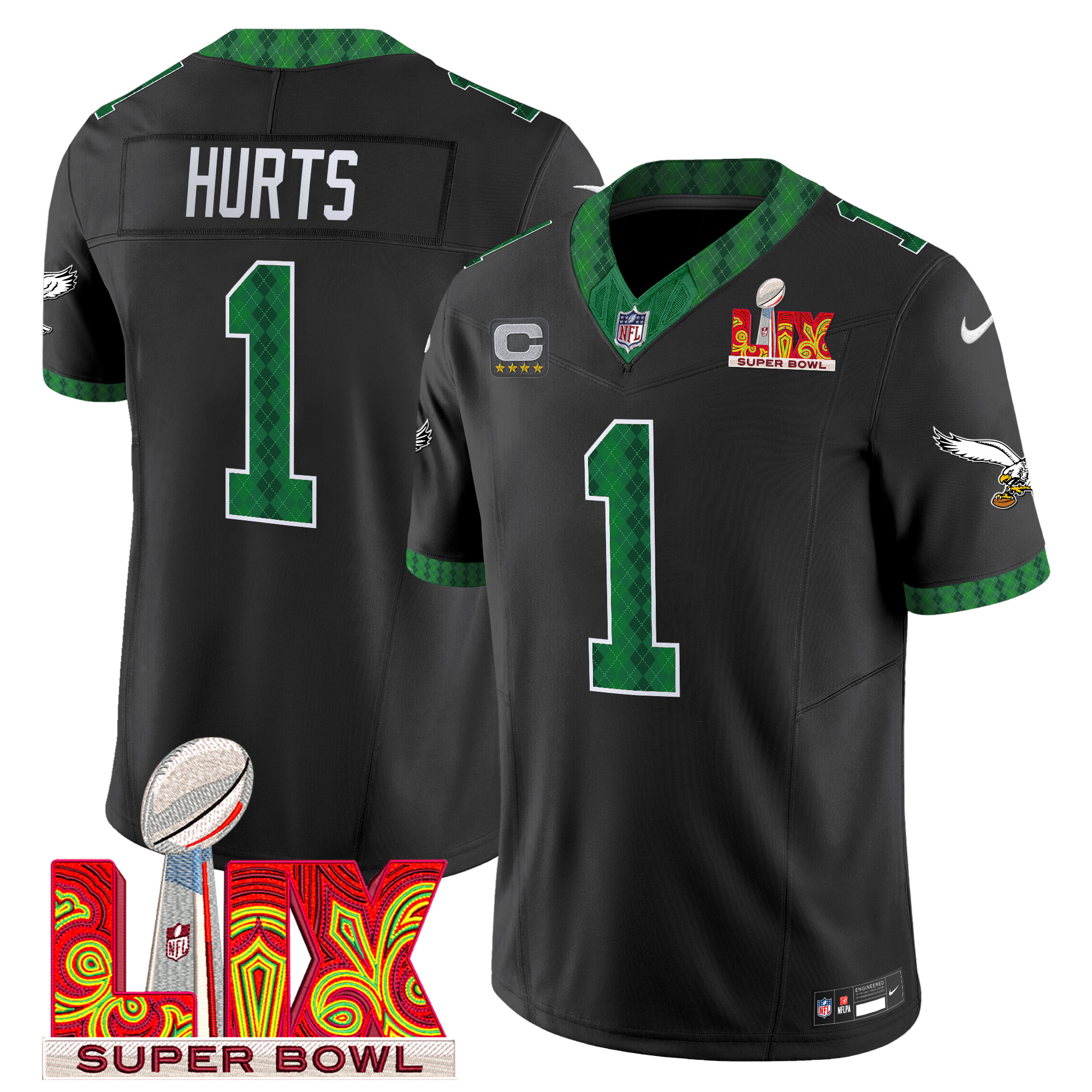 Jalen Hurts Men's Philadelphia Eagles Kelly Green St. Patrick's Day Super Bowl LIX Patch Vapor Limited Black Jersey - All Stitched