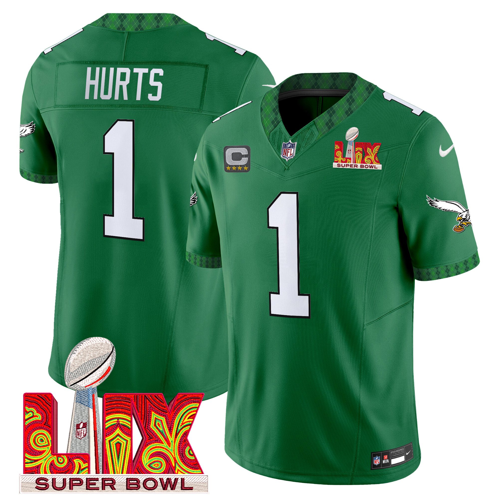 Jalen Hurts Men's Philadelphia Eagles Kelly Green St. Patrick's Day Super Bowl LIX Patch Vapor Limited Kelly Green Jersey - All Stitched
