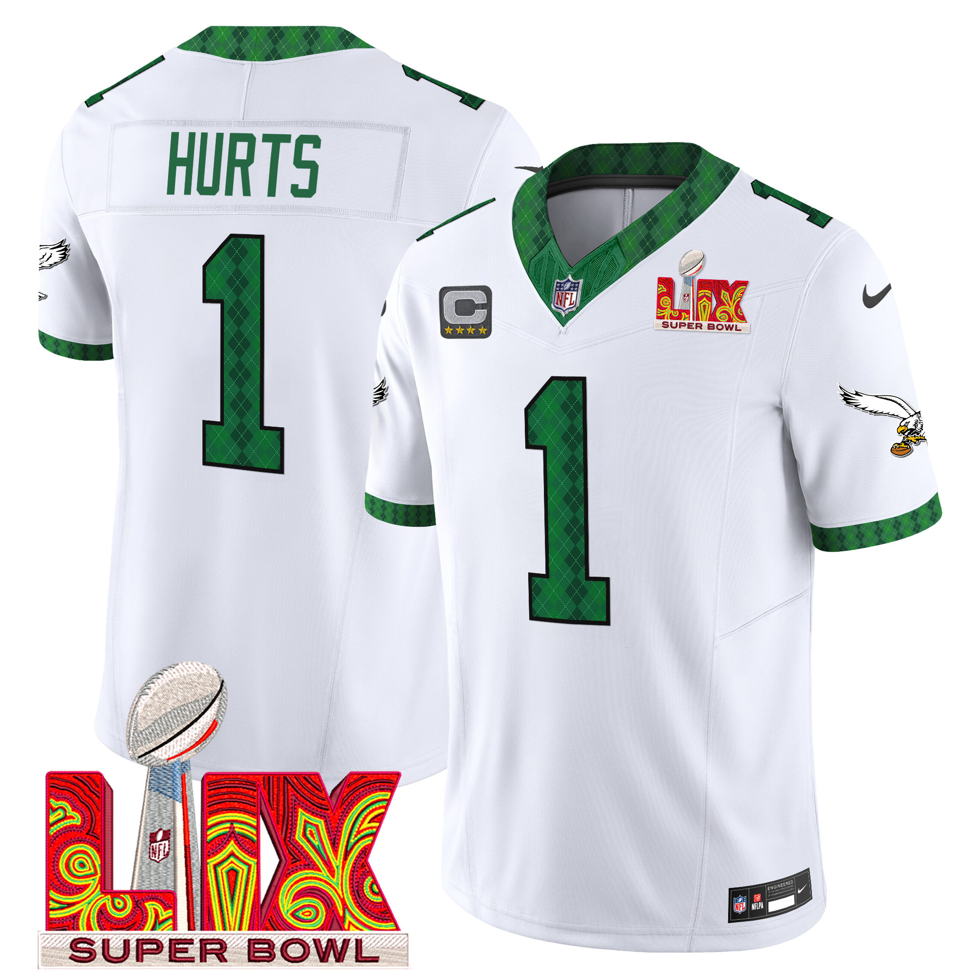 Jalen Hurts Men's Philadelphia Eagles Kelly Green St. Patrick's Day Super Bowl LIX Patch Vapor Limited Kelly White Jersey - All Stitched