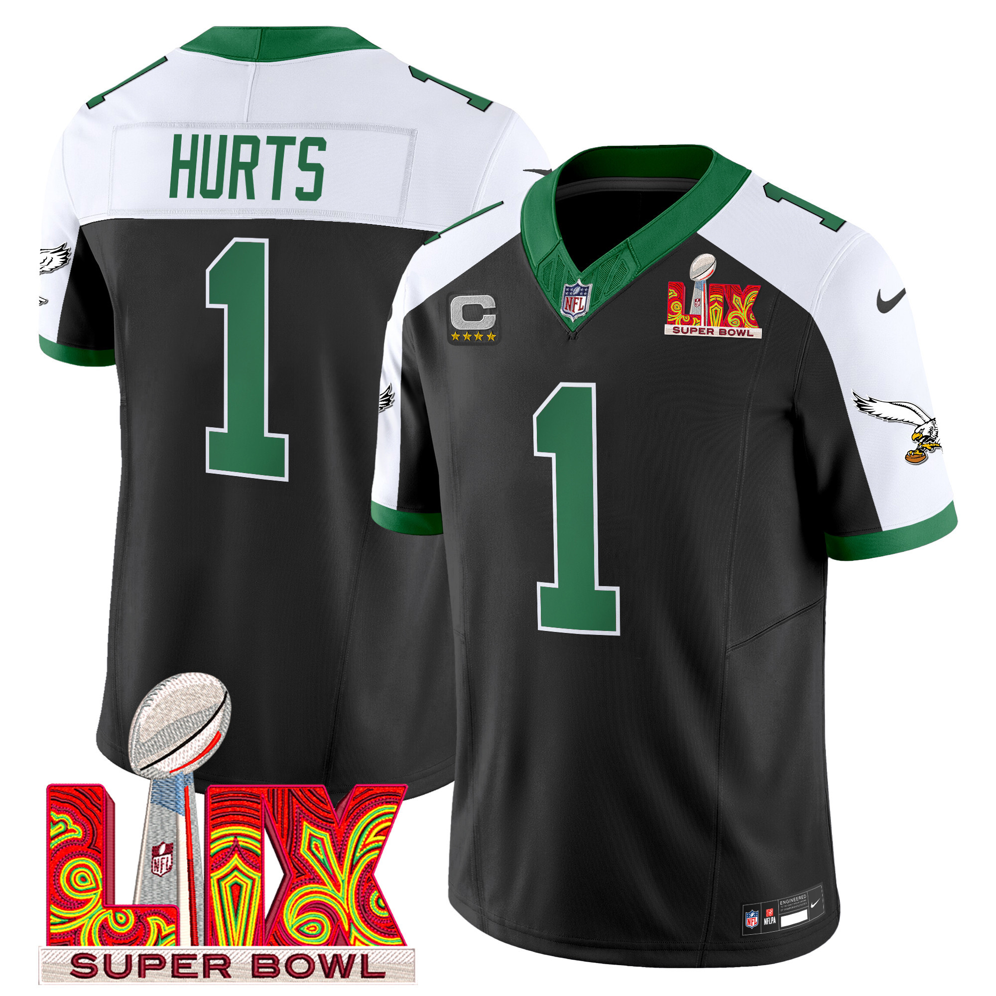 Jalen Hurts Men's Philadelphia Eagles Kelly Green Super Bowl LIX Patch Vapor Limited Black Alternate Jersey - All Stitched