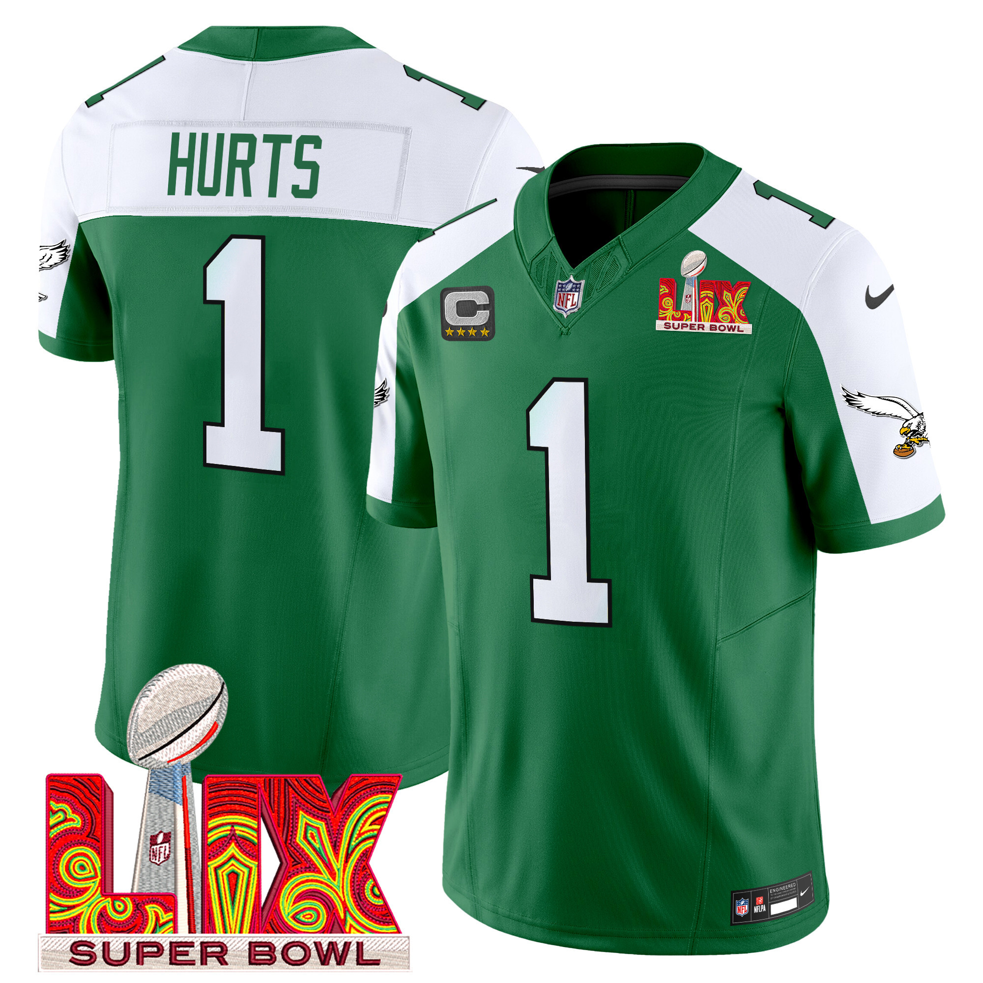 Jalen Hurts Men's Philadelphia Eagles Kelly Green Super Bowl LIX Patch Vapor Limited Kelly Alternate Jersey - All Stitched