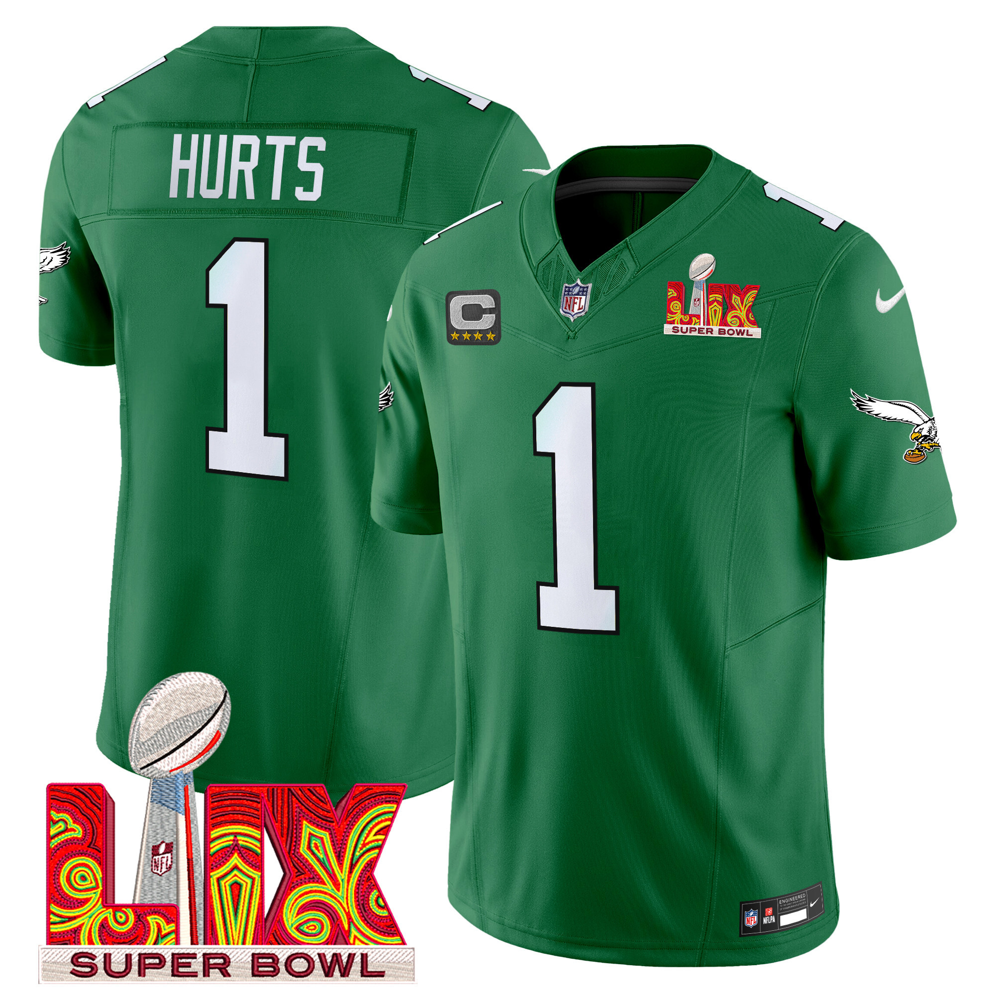 Jalen Hurts Men's Philadelphia Eagles Kelly Green Super Bowl LIX Patch Vapor Limited Kelly Green Jersey - All Stitched