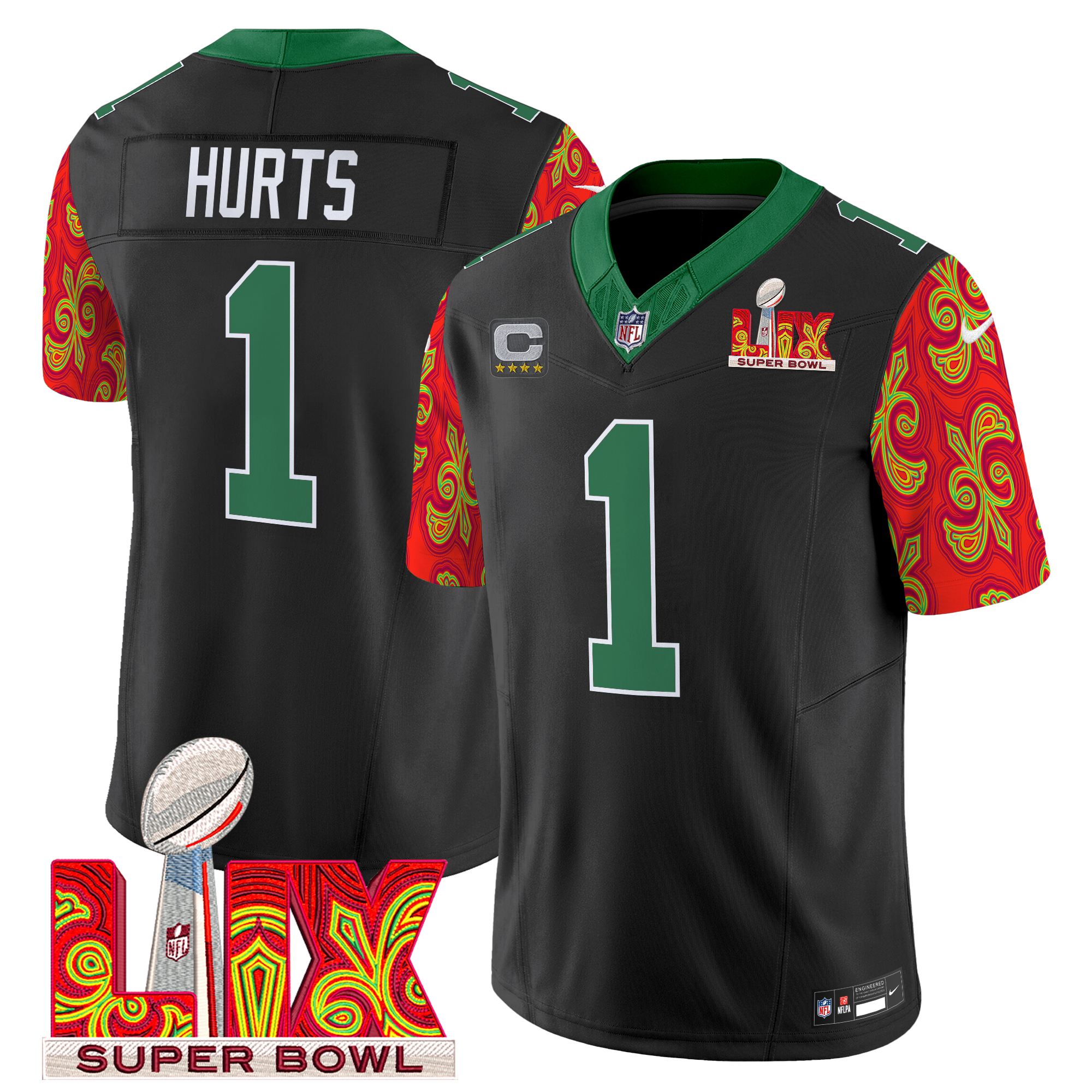 Jalen Hurts Men's Philadelphia Eagles Kelly Green Super Bowl LIX Style Vapor Limited Black Jersey - All Stitched
