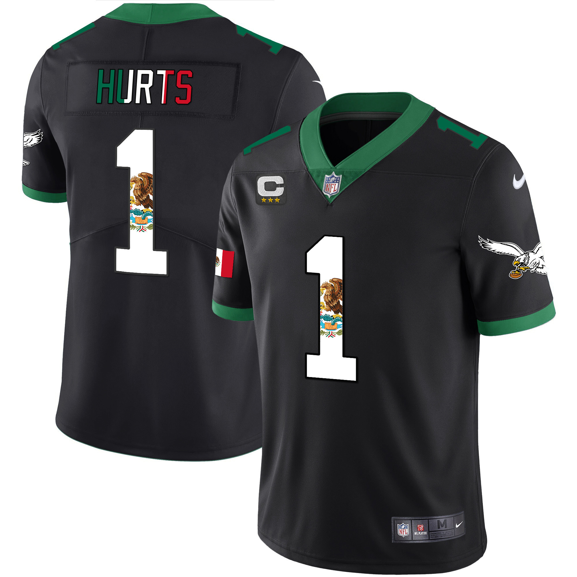 Jalen Hurts Men's Philadelphia Eagles Mexico Gold & Kelly Vapor Kelly Black Jersey - All Stitched