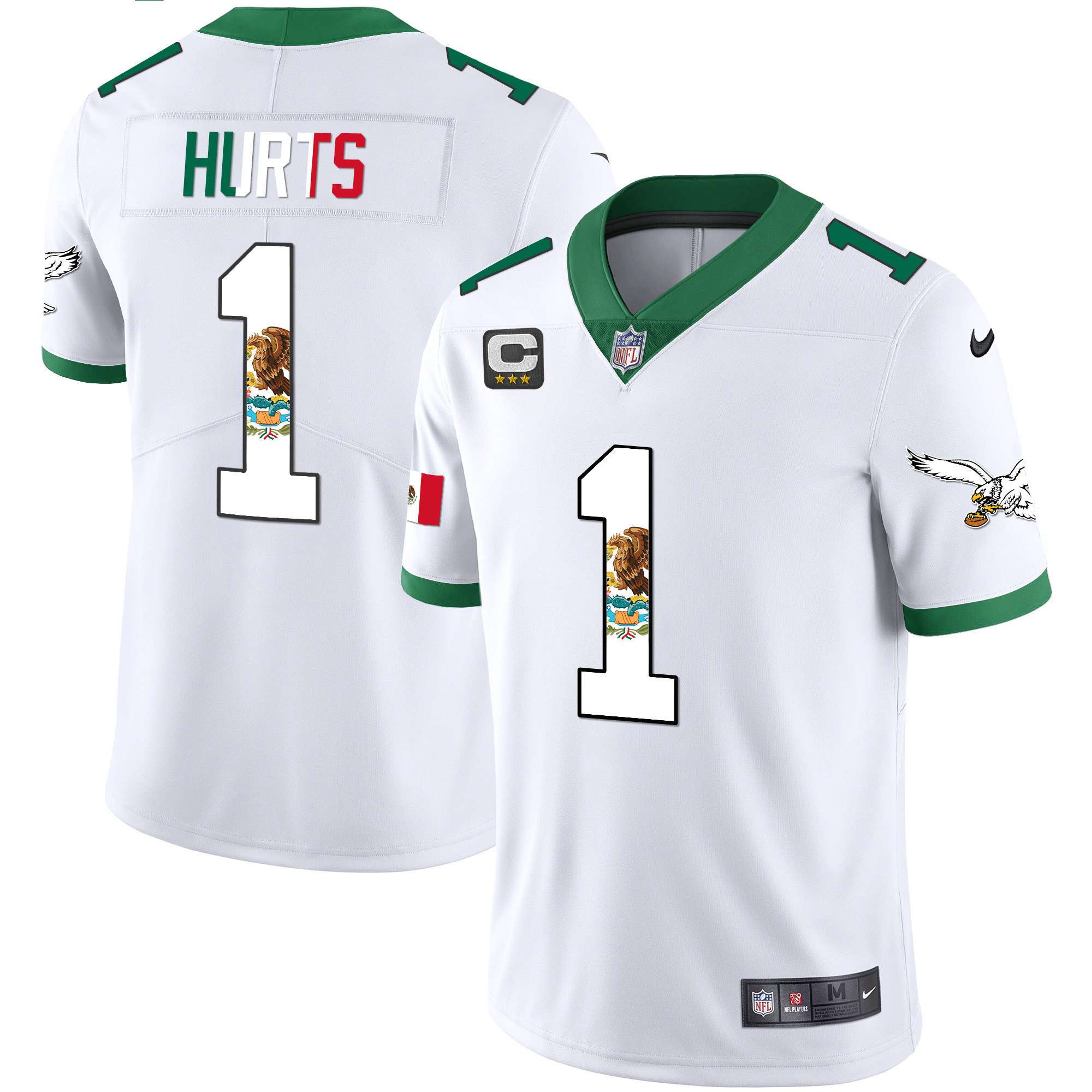 Jalen Hurts Men's Philadelphia Eagles Mexico Gold & Kelly Vapor Kelly White Jersey - All Stitched
