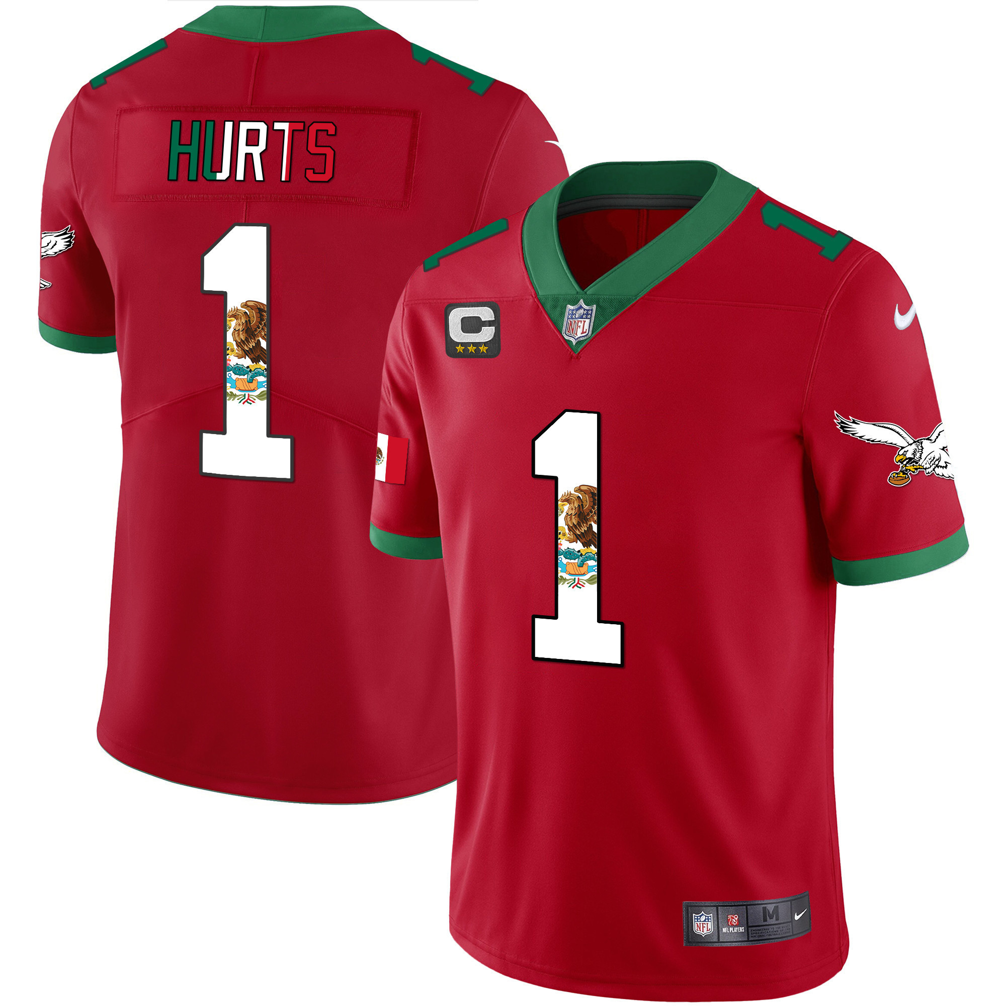 Jalen Hurts Men's Philadelphia Eagles Mexico Gold & Kelly Vapor Red Jersey - All Stitched