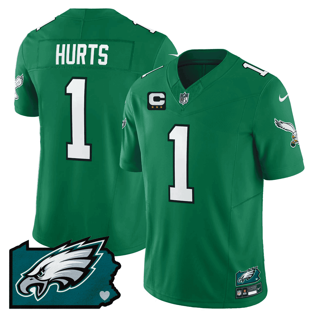 Jalen Hurts Men's Philadelphia Eagles Pennsylvania State Map Patch Kelly Green Jersey - All Stitched