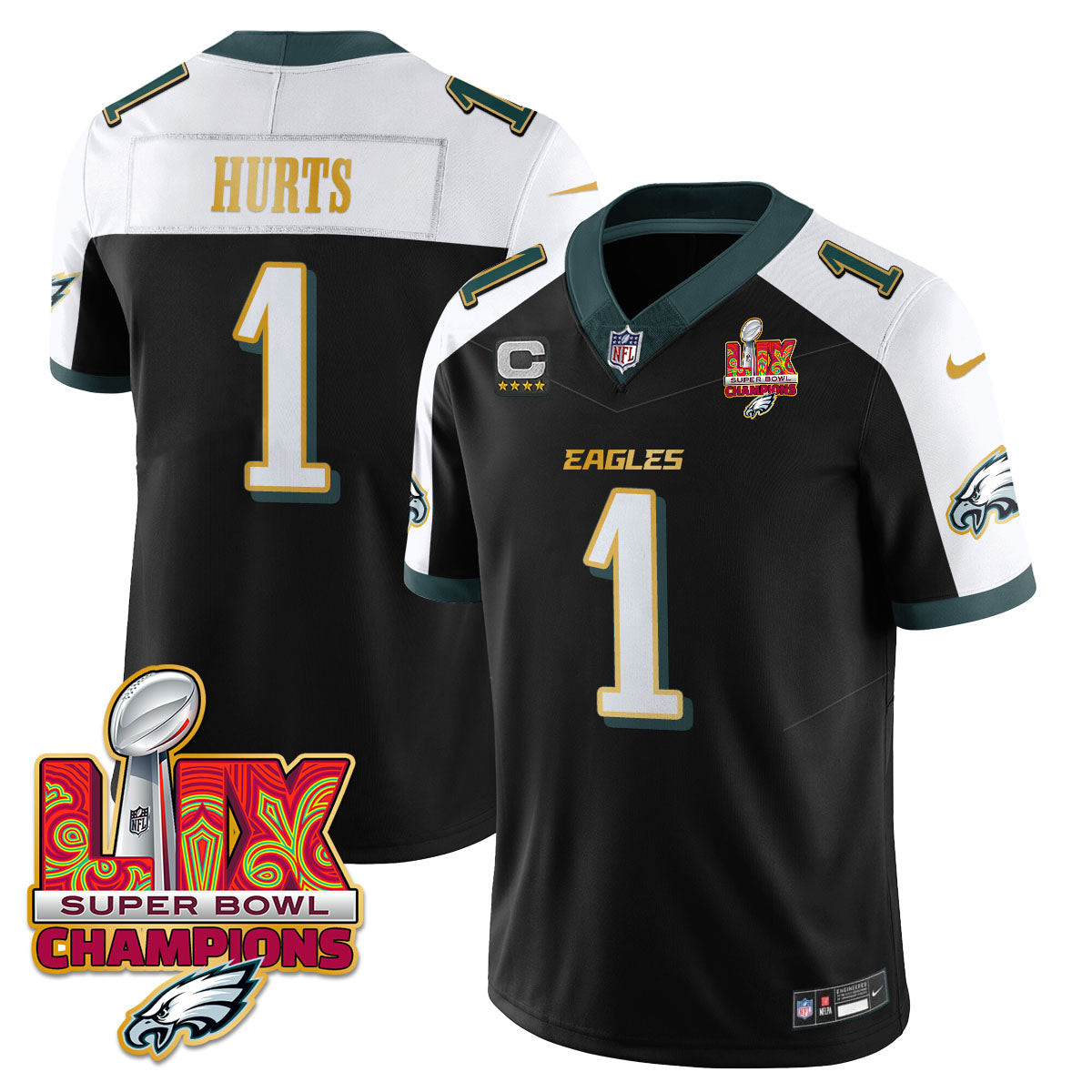 Jalen Hurts Men's Philadelphia Eagles Super Bowl LIX Champions Gold Trim Vapor Limited Black Alternate Jersey - All Stitched