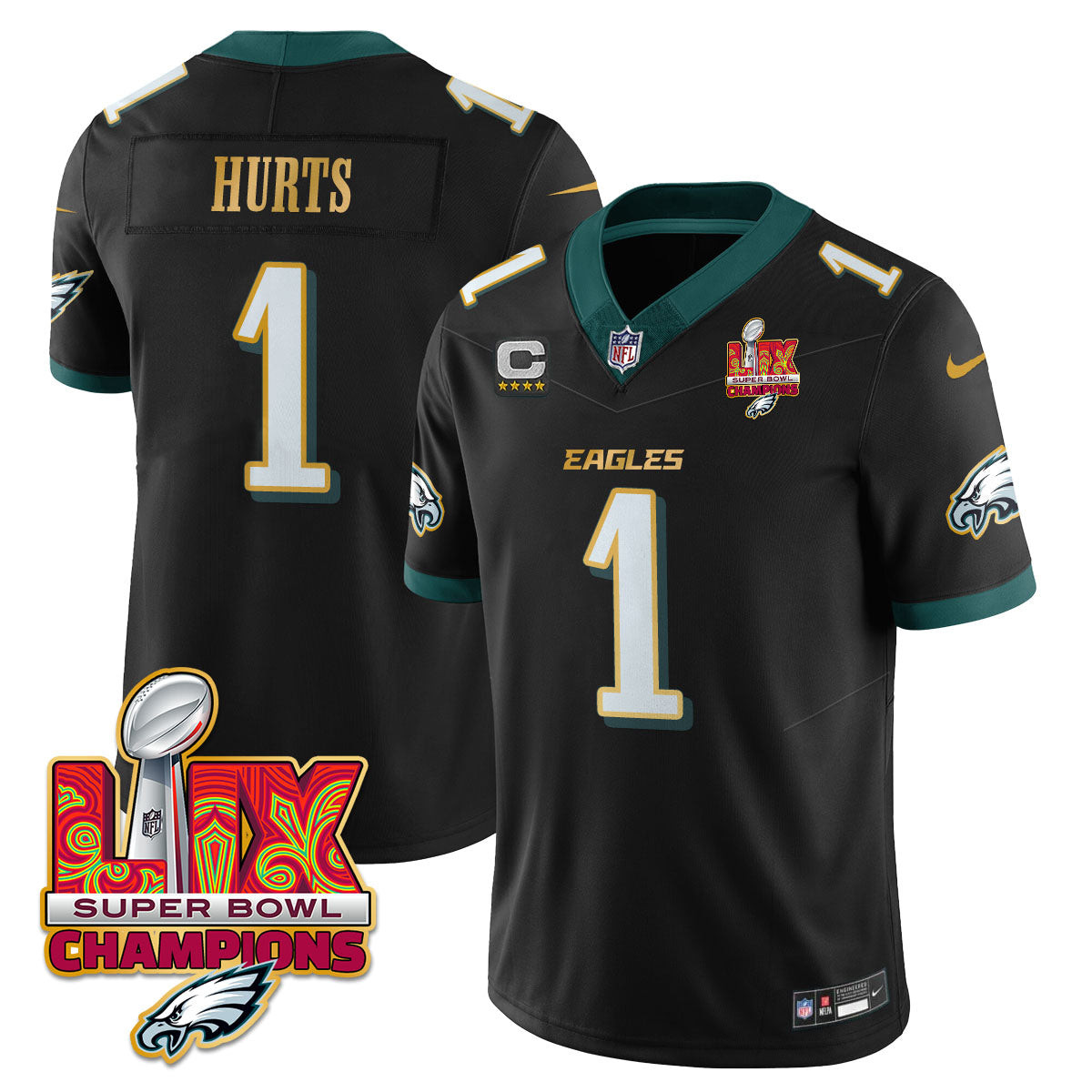 Jalen Hurts Men's Philadelphia Eagles Super Bowl LIX Champions Gold Trim Vapor Limited Black Jersey - All Stitched