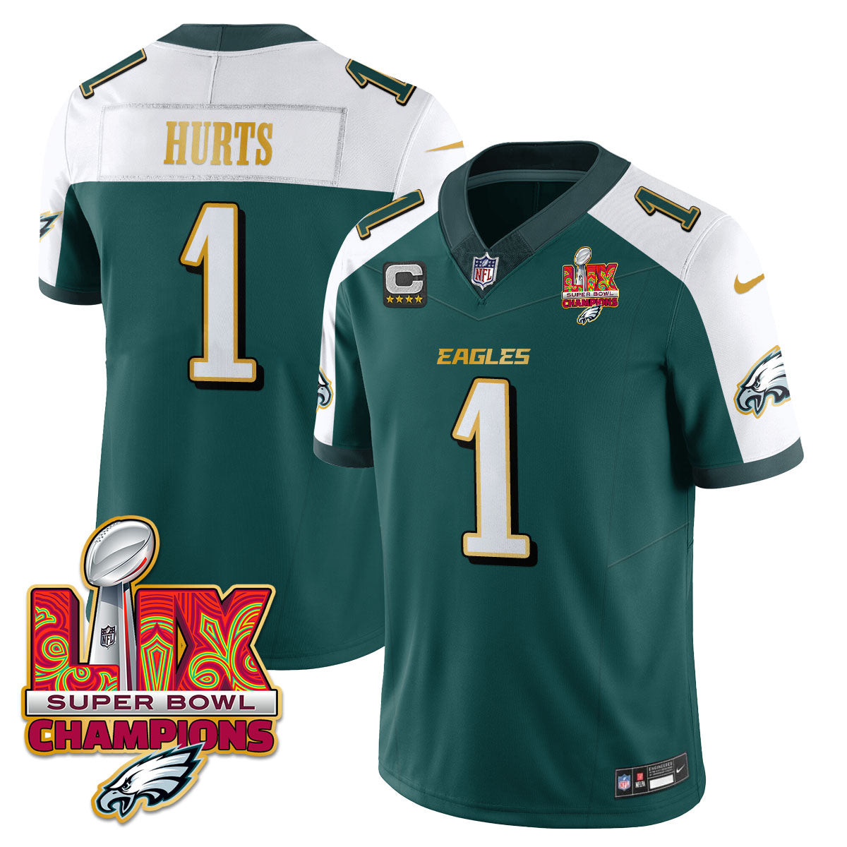 Jalen Hurts Men's Philadelphia Eagles Super Bowl LIX Champions Gold Trim Vapor Limited Green Alternate Jersey - All Stitched