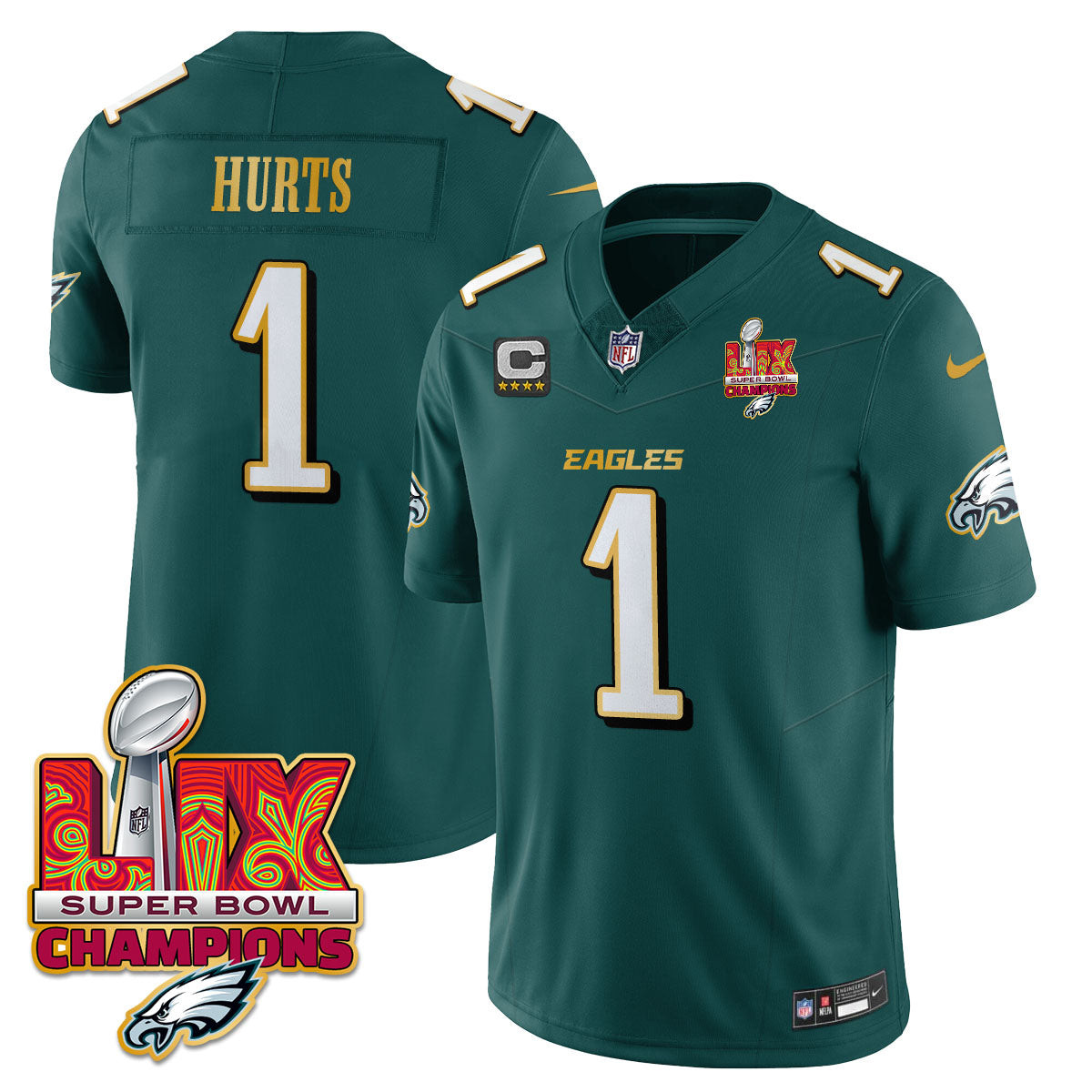 Jalen Hurts Men's Philadelphia Eagles Super Bowl LIX Champions Gold Trim Vapor Limited Midnight Green Jersey - All Stitched