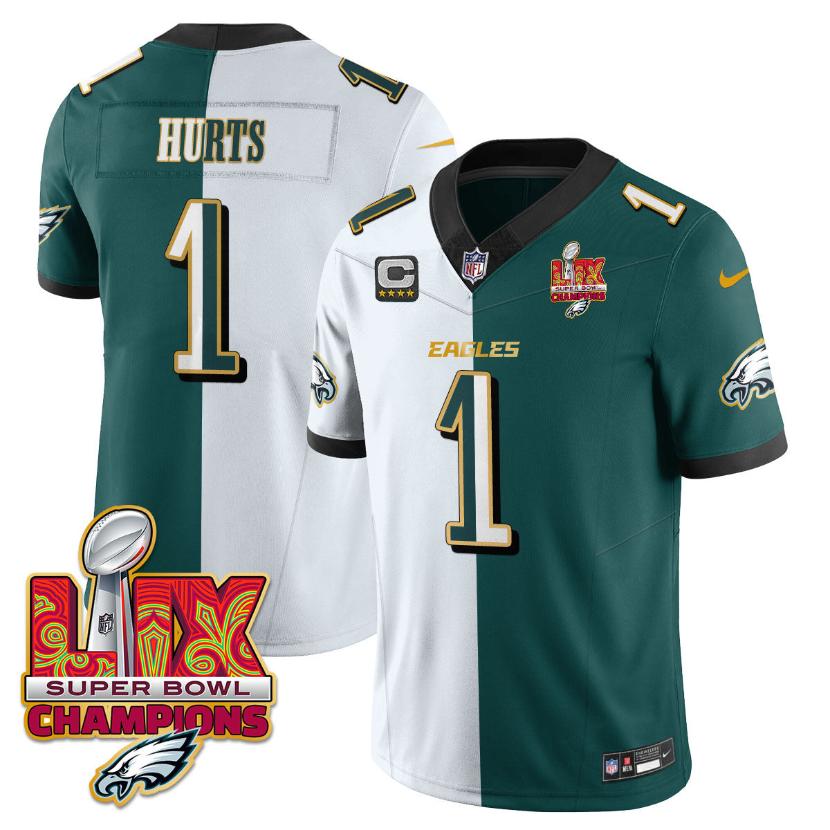 Jalen Hurts Men's Philadelphia Eagles Super Bowl LIX Champions Gold Trim Vapor Limited Split Jersey - All Stitched