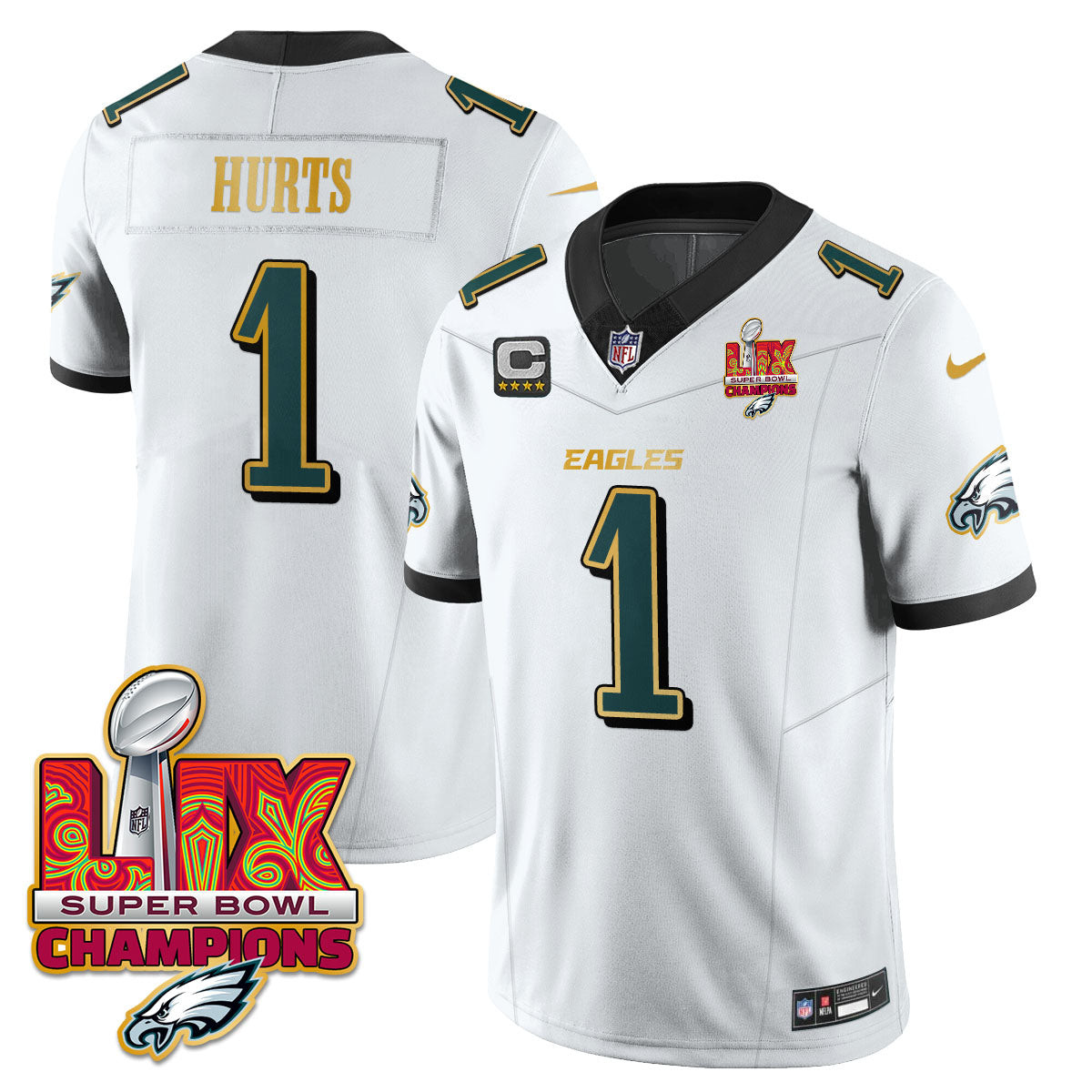 Jalen Hurts Men's Philadelphia Eagles Super Bowl LIX Champions Gold Trim Vapor Limited White Jersey - All Stitched