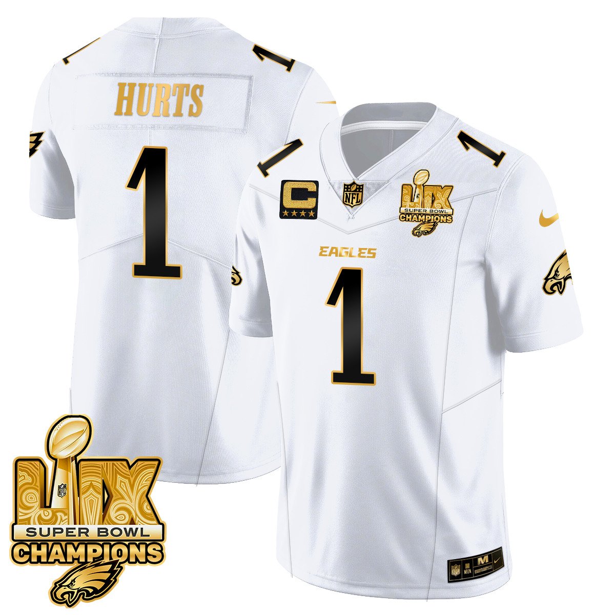 Jalen Hurts Men's Philadelphia Eagles Super Bowl LIX Champions Gold Vapor Limited White Gold Jersey - All Stitched