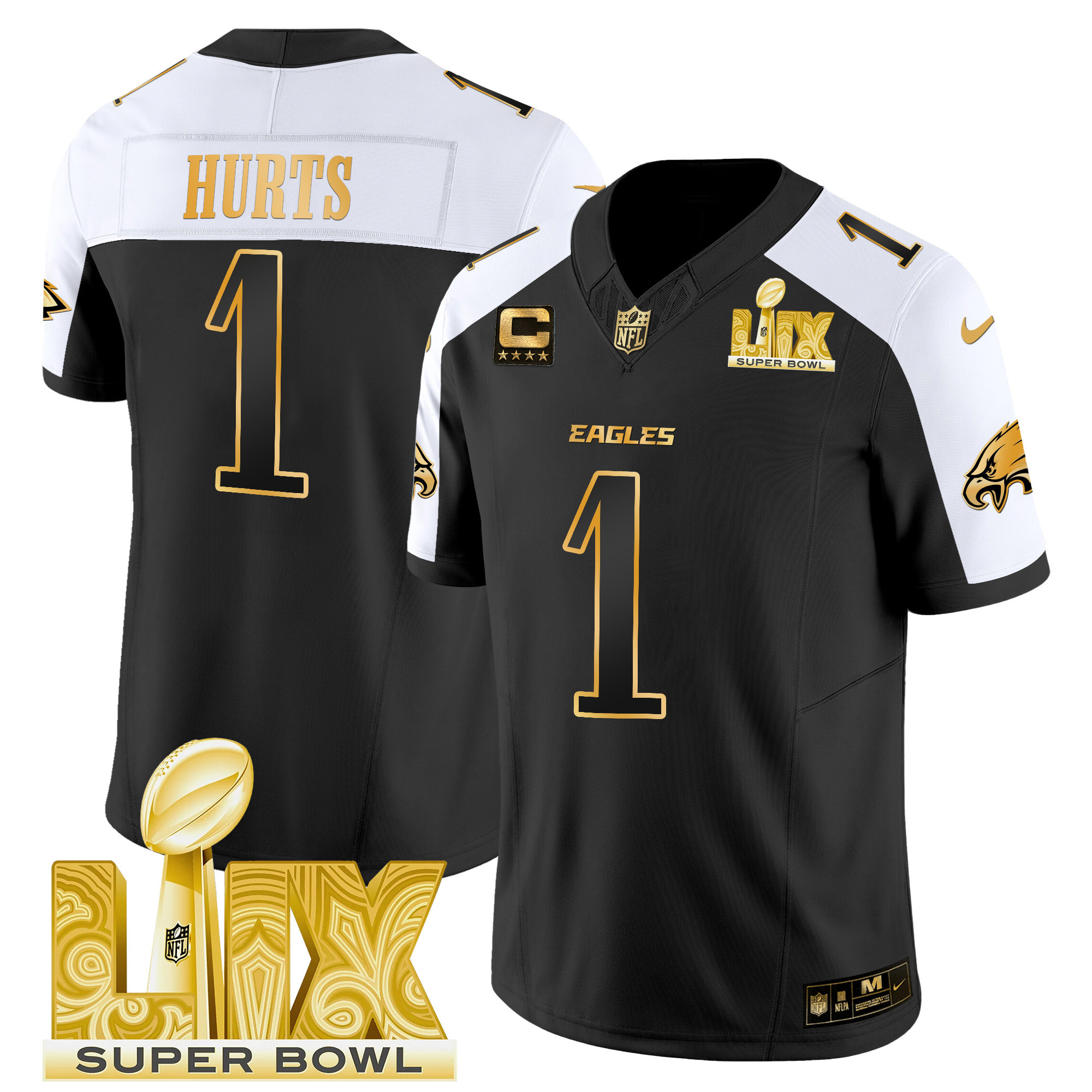 Jalen Hurts Men's Philadelphia Eagles Super Bowl LIX Patch Gold Vapor Limited Alternate Jersey - All Stitched