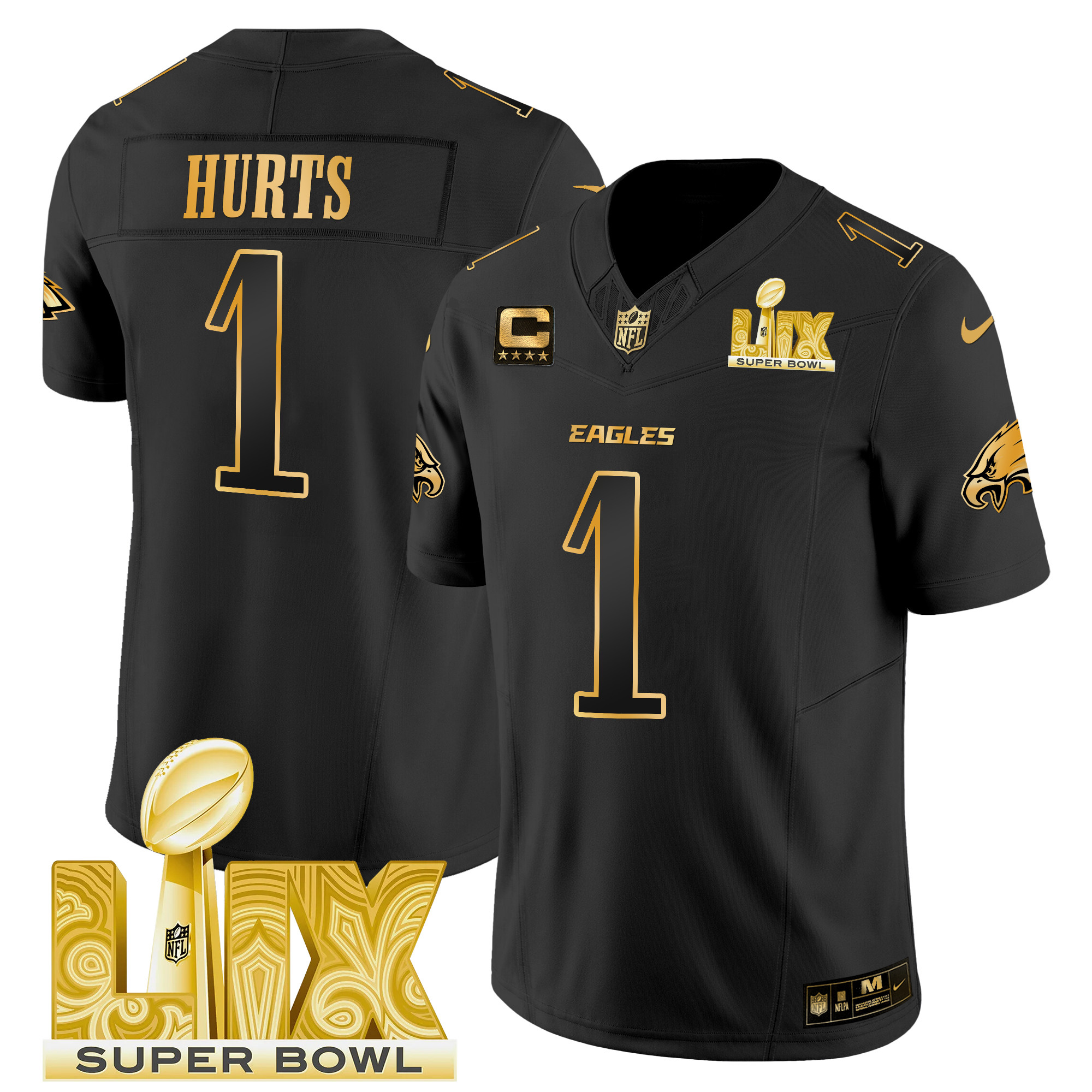 Jalen Hurts Men's Philadelphia Eagles Super Bowl LIX Patch Gold Vapor Limited Black Gold Jersey - All Stitched