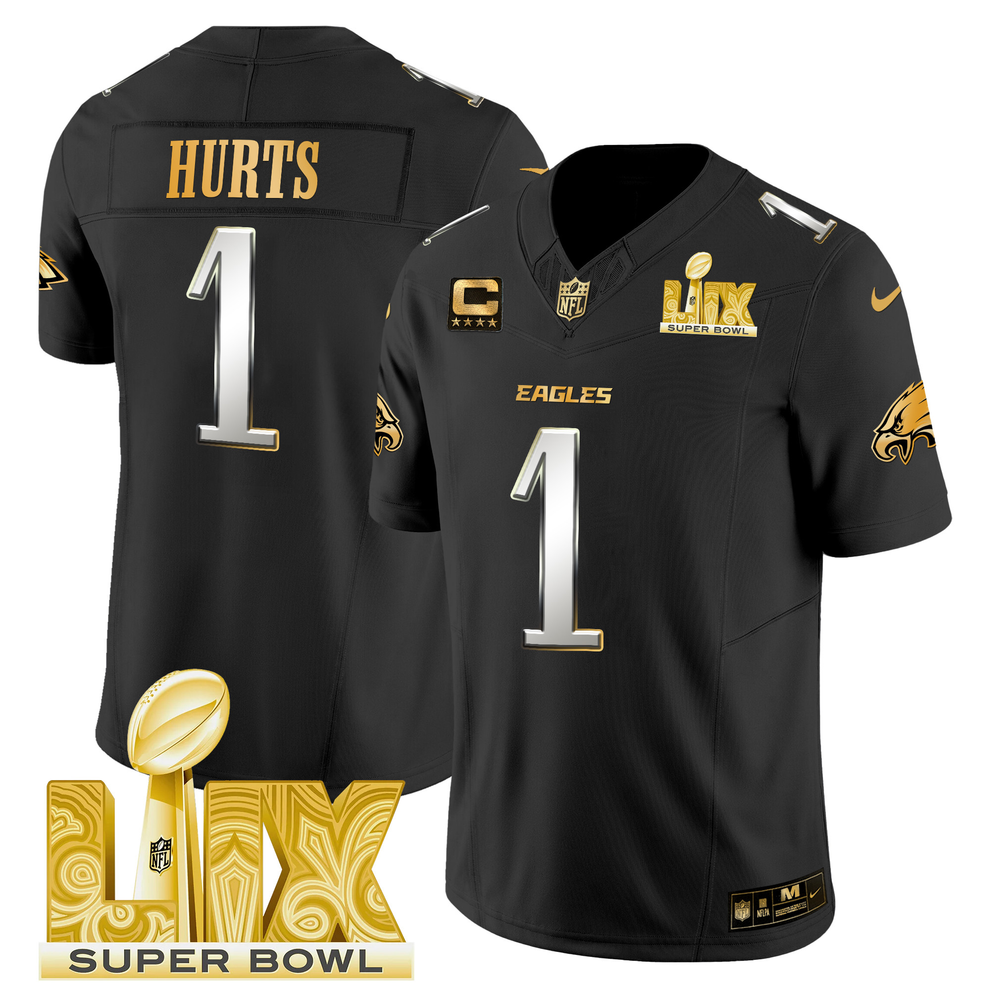 Jalen Hurts Men's Philadelphia Eagles Super Bowl LIX Patch Gold Vapor Limited Black Limited Jersey - All Stitched