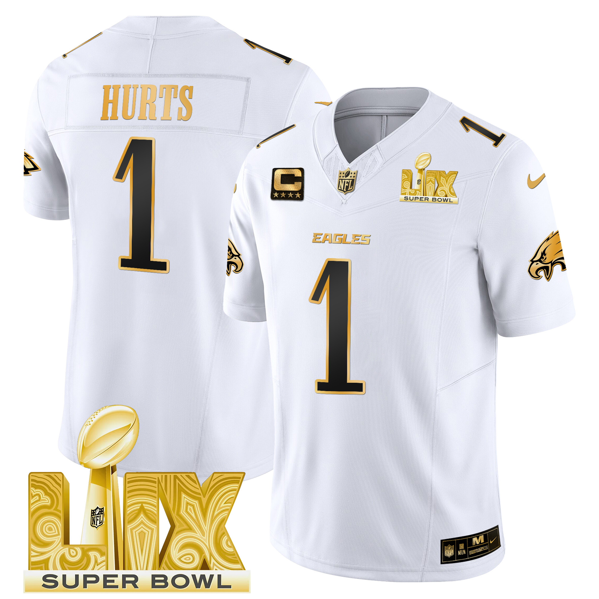 Jalen Hurts Men's Philadelphia Eagles Super Bowl LIX Patch Gold Vapor Limited White Gold Jersey - All Stitched