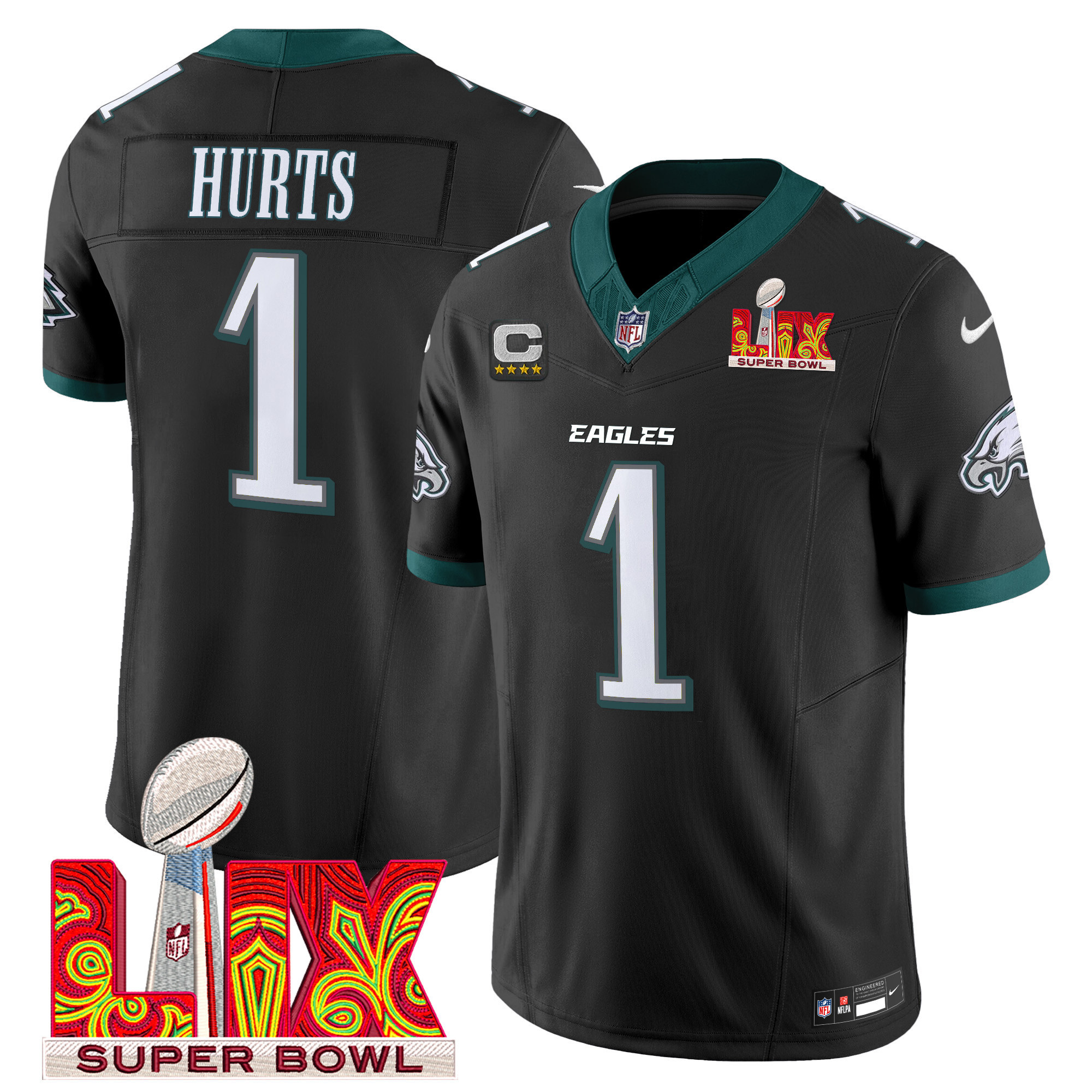 Jalen Hurts Men's Philadelphia Eagles Super Bowl LIX Patch Vapor Limited Black Jersey - All Stitched