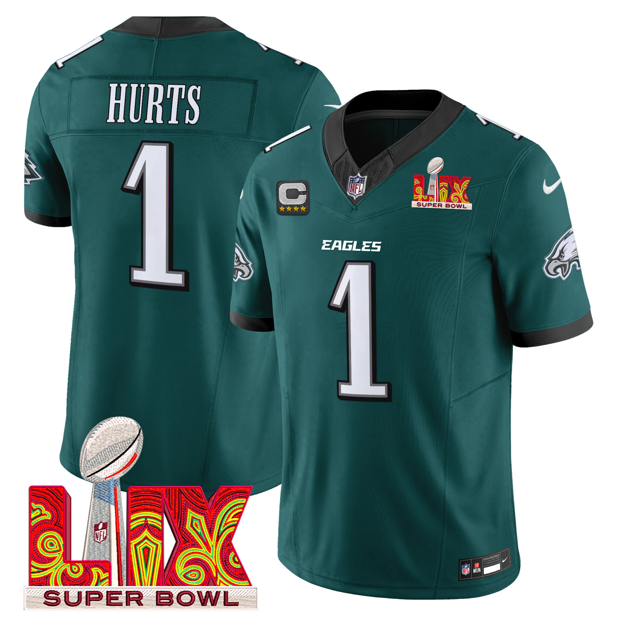 Jalen Hurts Men's Philadelphia Eagles Super Bowl LIX Patch Vapor Limited Midnight Green Jersey - All Stitched