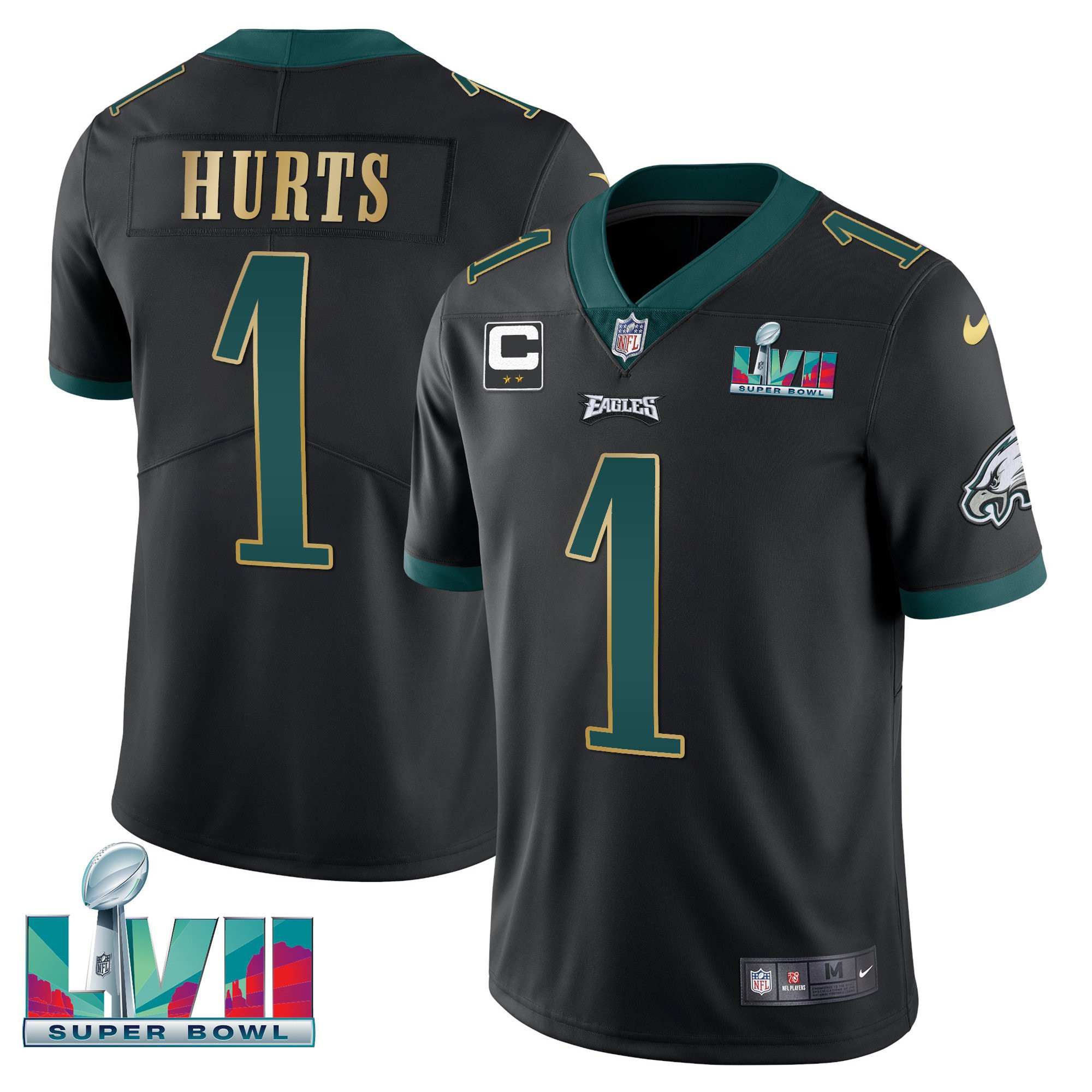 Jalen Hurts Men's Philadelphia Eagles Super Bowl Patch Vapor Black Gold Trim Jersey - All Stitched