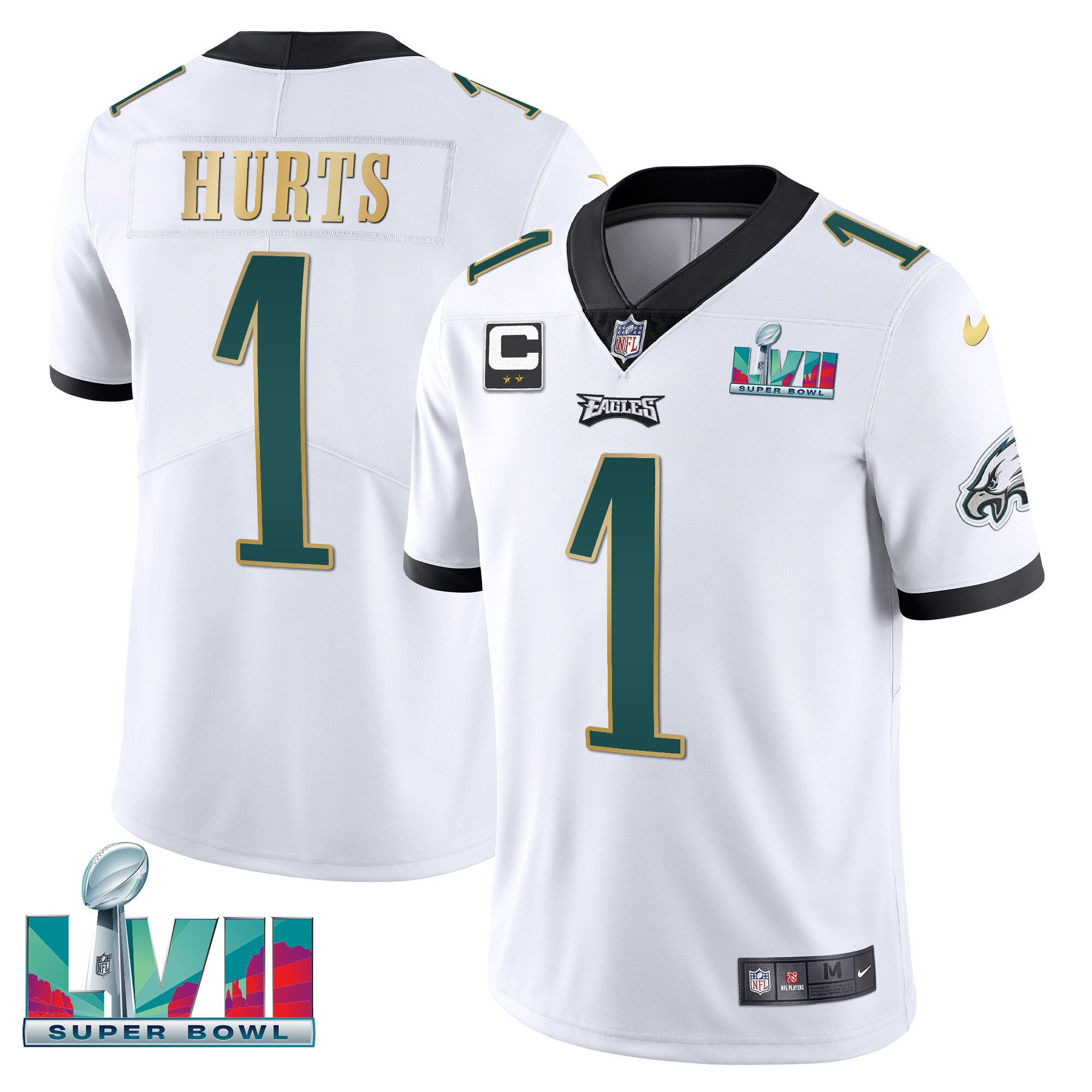 Jalen Hurts Men's Philadelphia Eagles Super Bowl Patch Vapor White Gold Trim Jersey - All Stitched