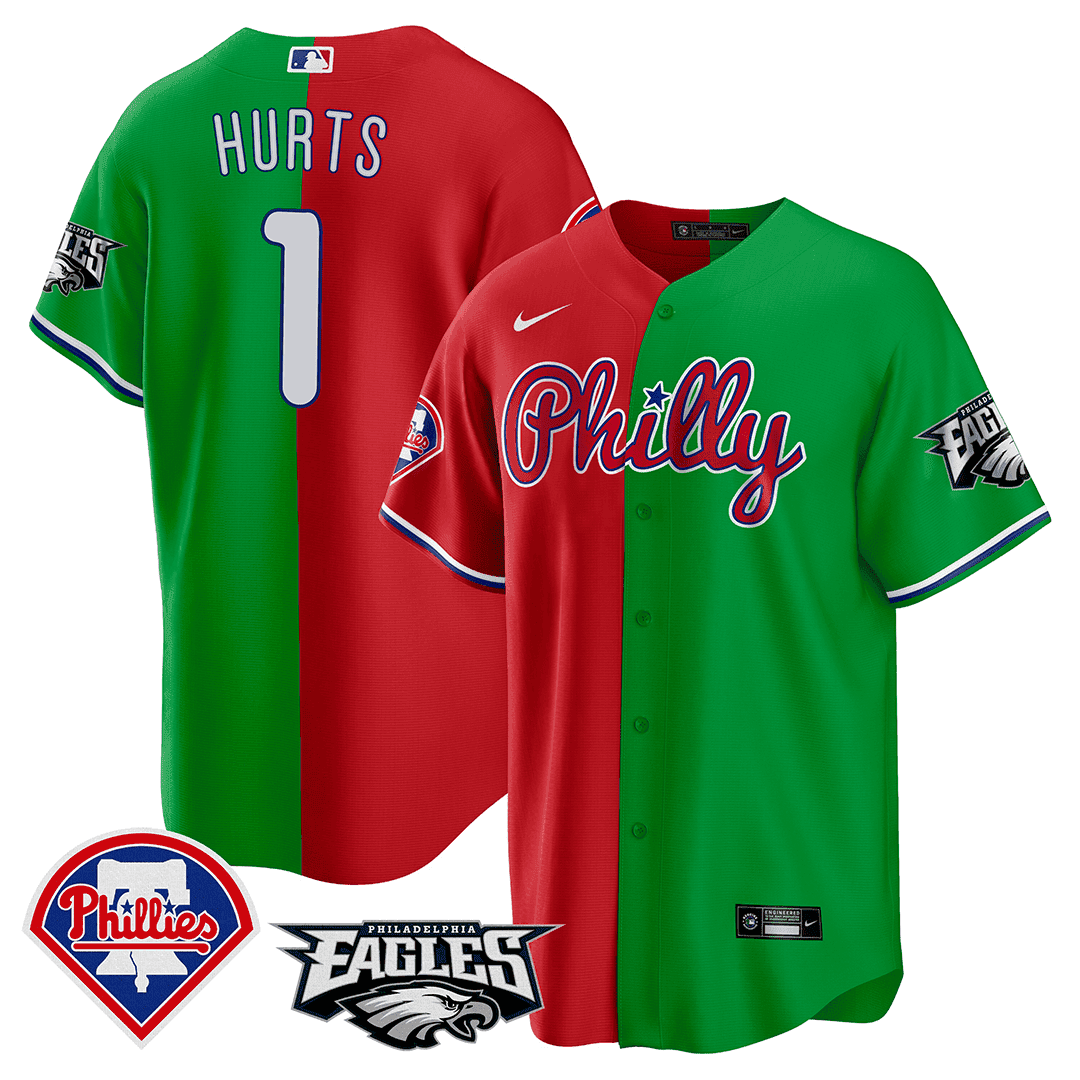 Jalen Hurts Men's Split Phillies - Philadelphia Eagles Cool Base Red - Green Jersey - All Stitched