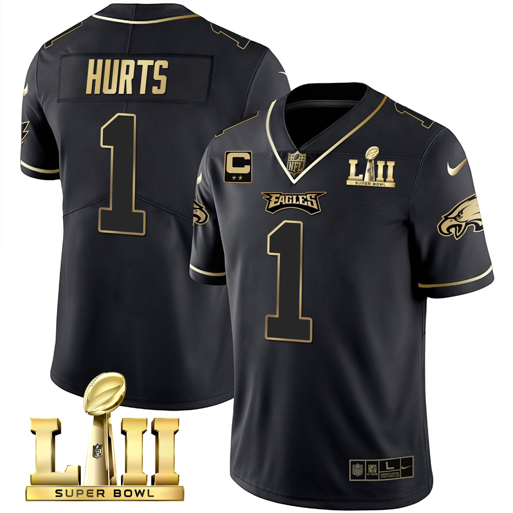 Jalen Hurts Philadelphia Eagles Super Bowl LII Patch Vapor Black Gold Jersey - All Stitched