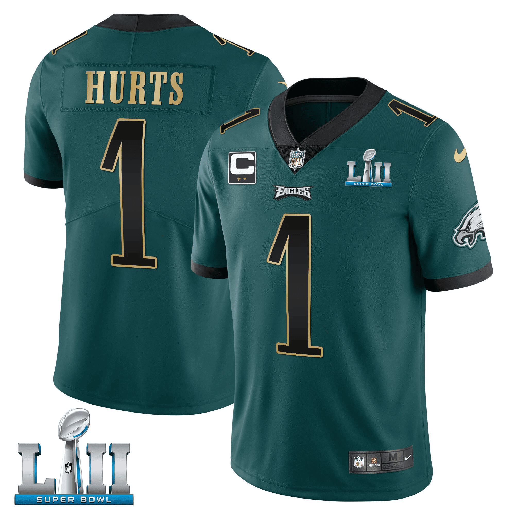 Jalen Hurts Philadelphia Eagles Super Bowl LII Patch Vapor Gold Trim Jersey - All Stitched