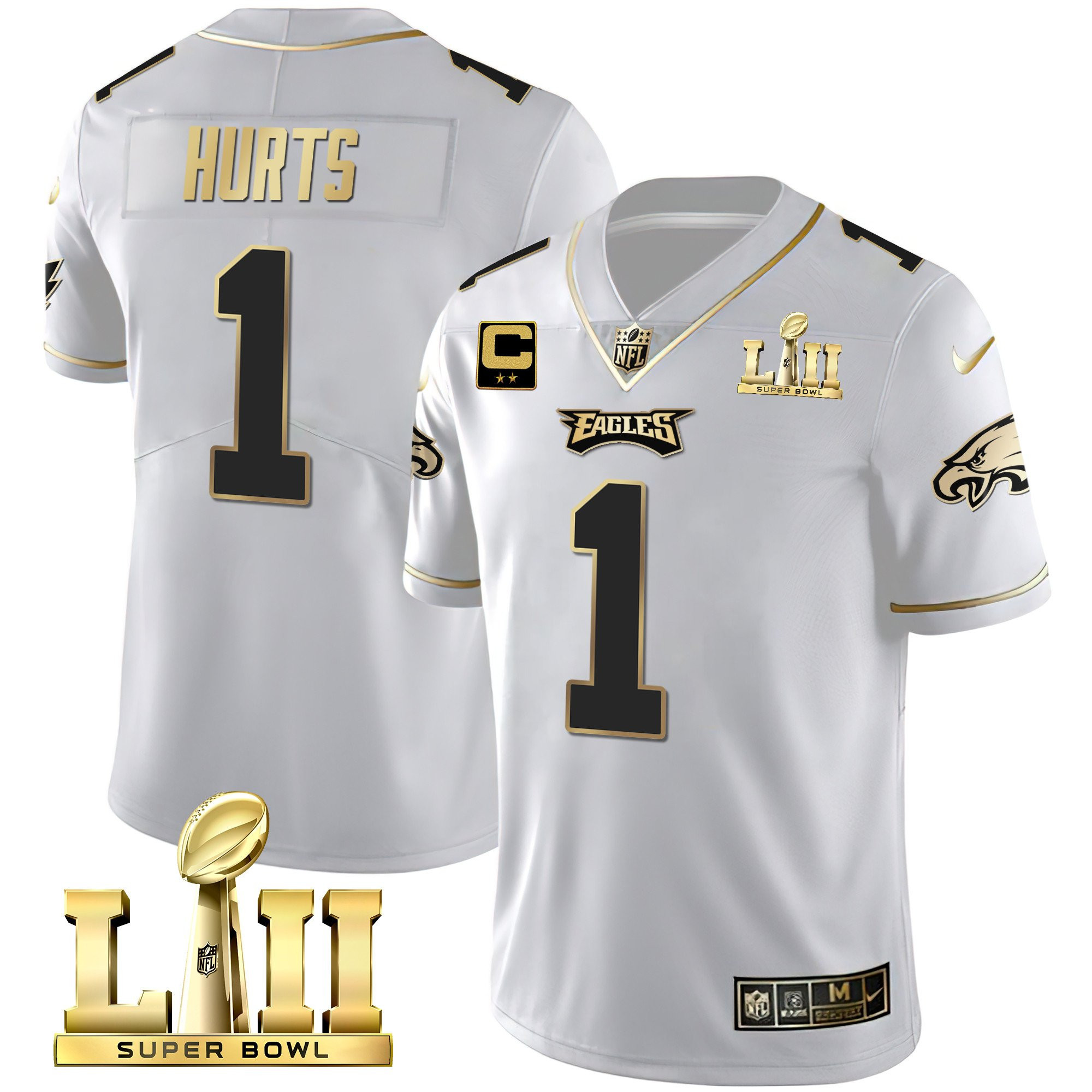 Jalen Hurts Philadelphia Eagles Super Bowl LII Patch Vapor White Gold Jersey - All Stitched