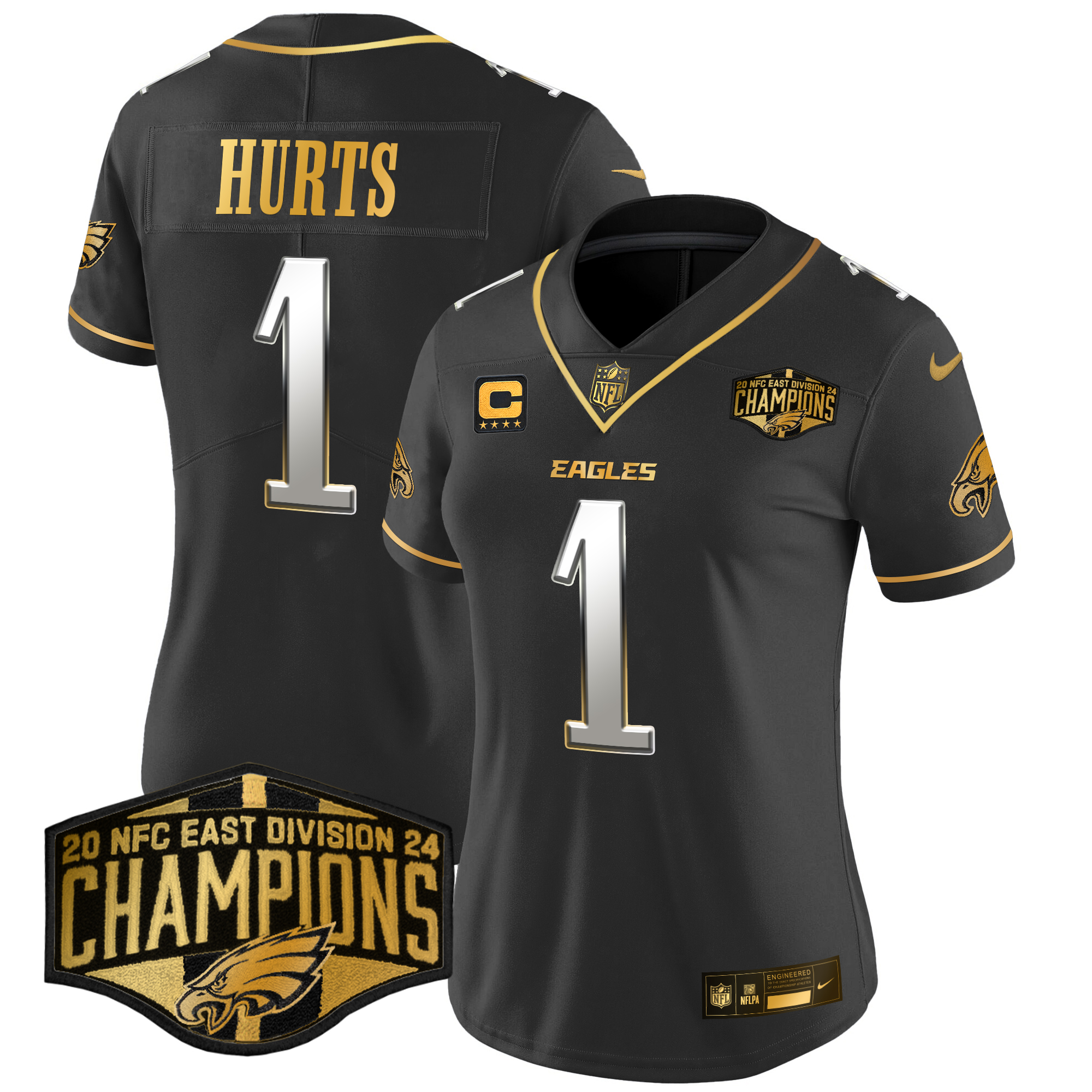 Jalen Hurts Women's Philadelphia Eagles 2024 NFC East Division Champions Gold Vapor Limited Black Limited Jersey - All Stitched